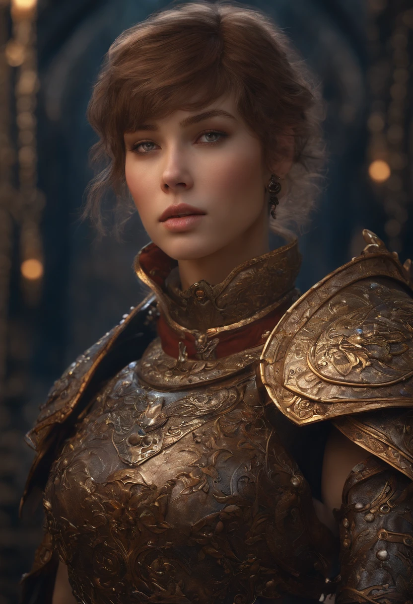 a detailed warrior girl with giant armor full of details and ornaments,beautiful girl with very short hair