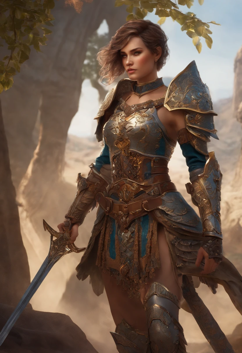 a detailed warrior girl with giant armor full of details and ornaments,beautiful girl with very short hair