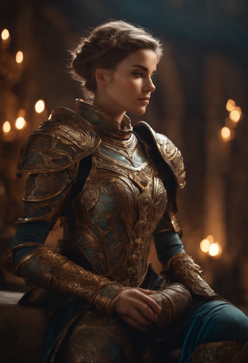 a detailed warrior girl with giant armor full of details and ornaments,beautiful girl with very short hair