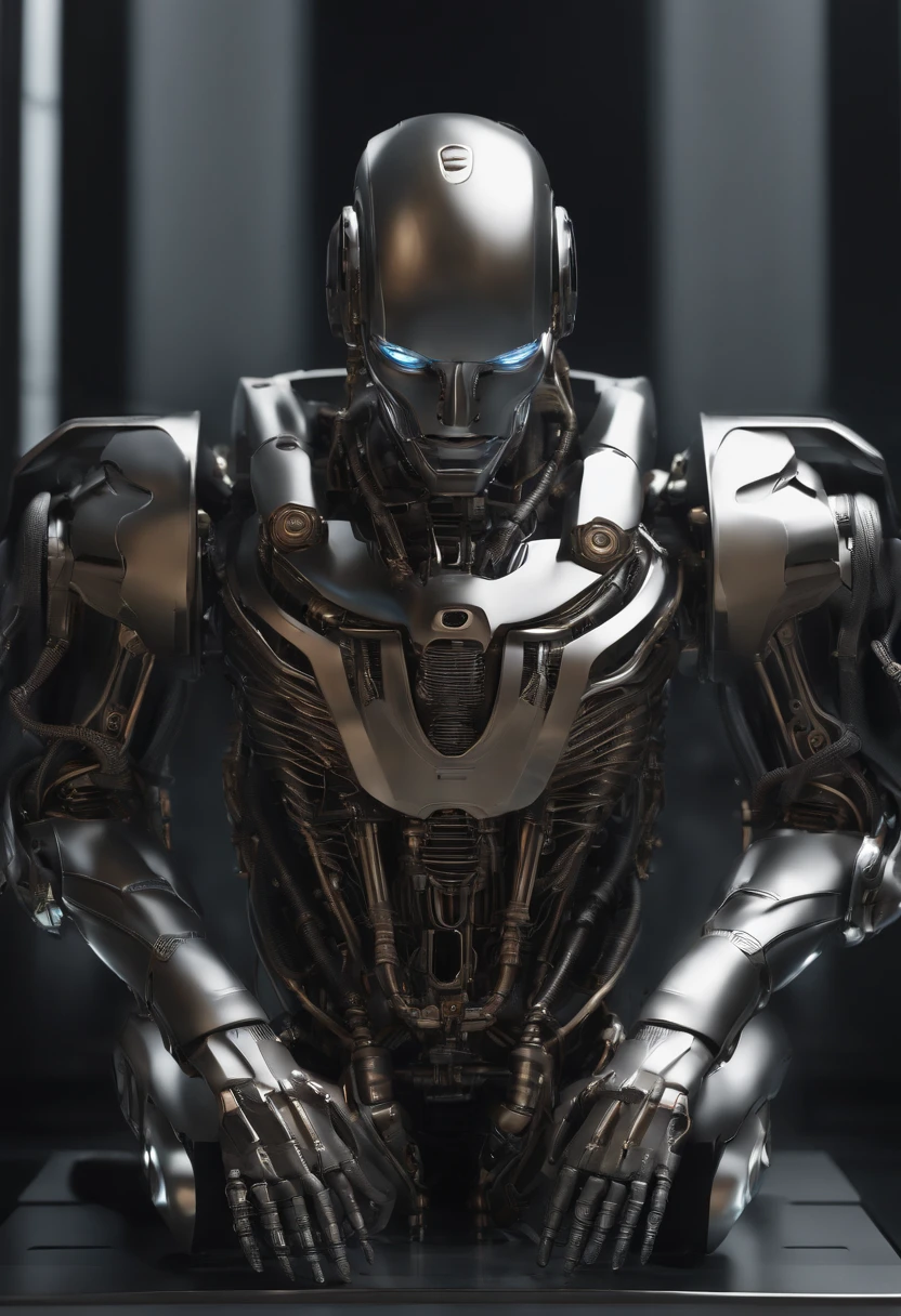 industrial, a male humanoid made of polished steel with mechanical body parts and robotic arms,looking at the camera, hinges with chains, neutral background