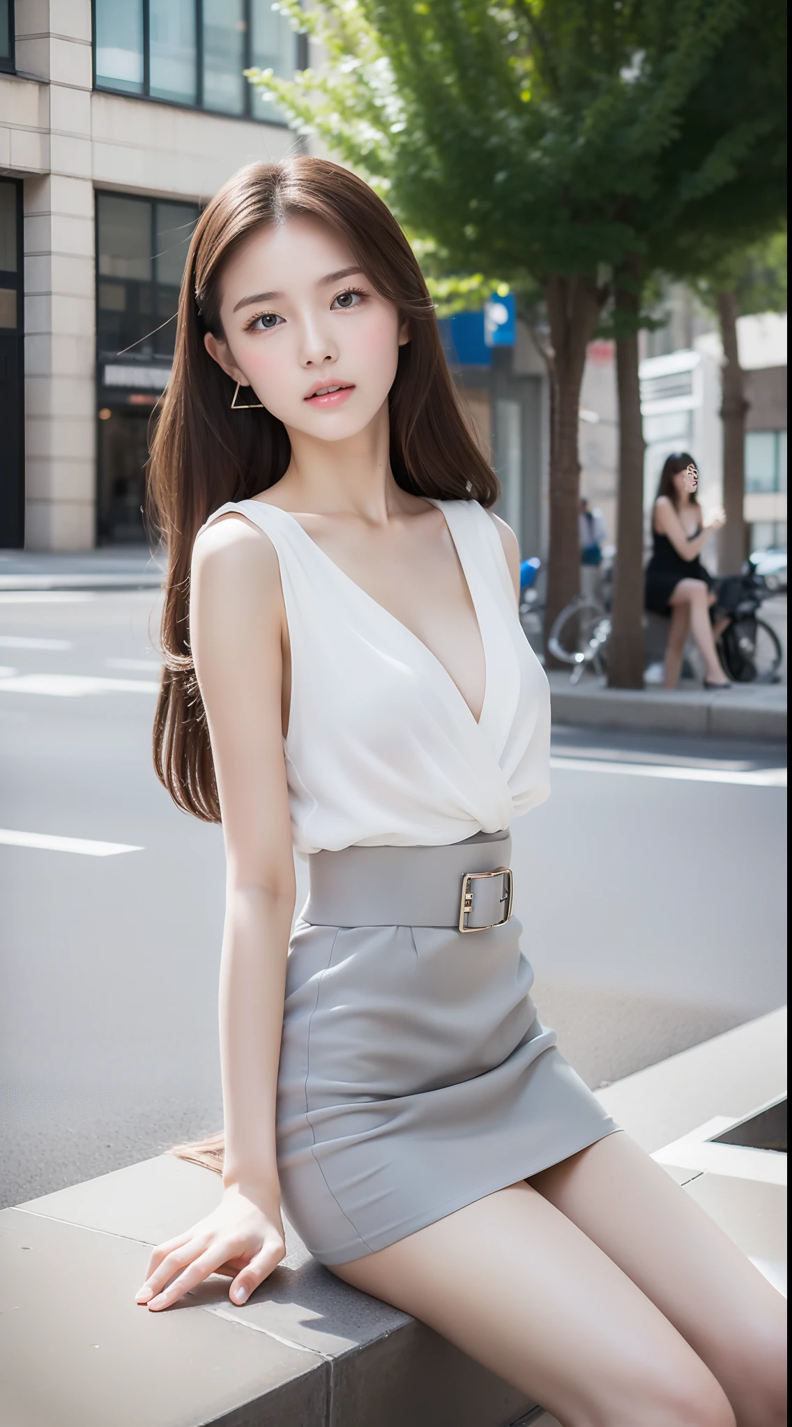 Ultra-clear resolution,top Quority,Wonderful young girl,ear studs,Clear eyes,plain face,Gloss on lips,s the perfect face,White skin,Perfect chest,Large breasts,Slender legs,Gray office miniskirt,high-heels,street