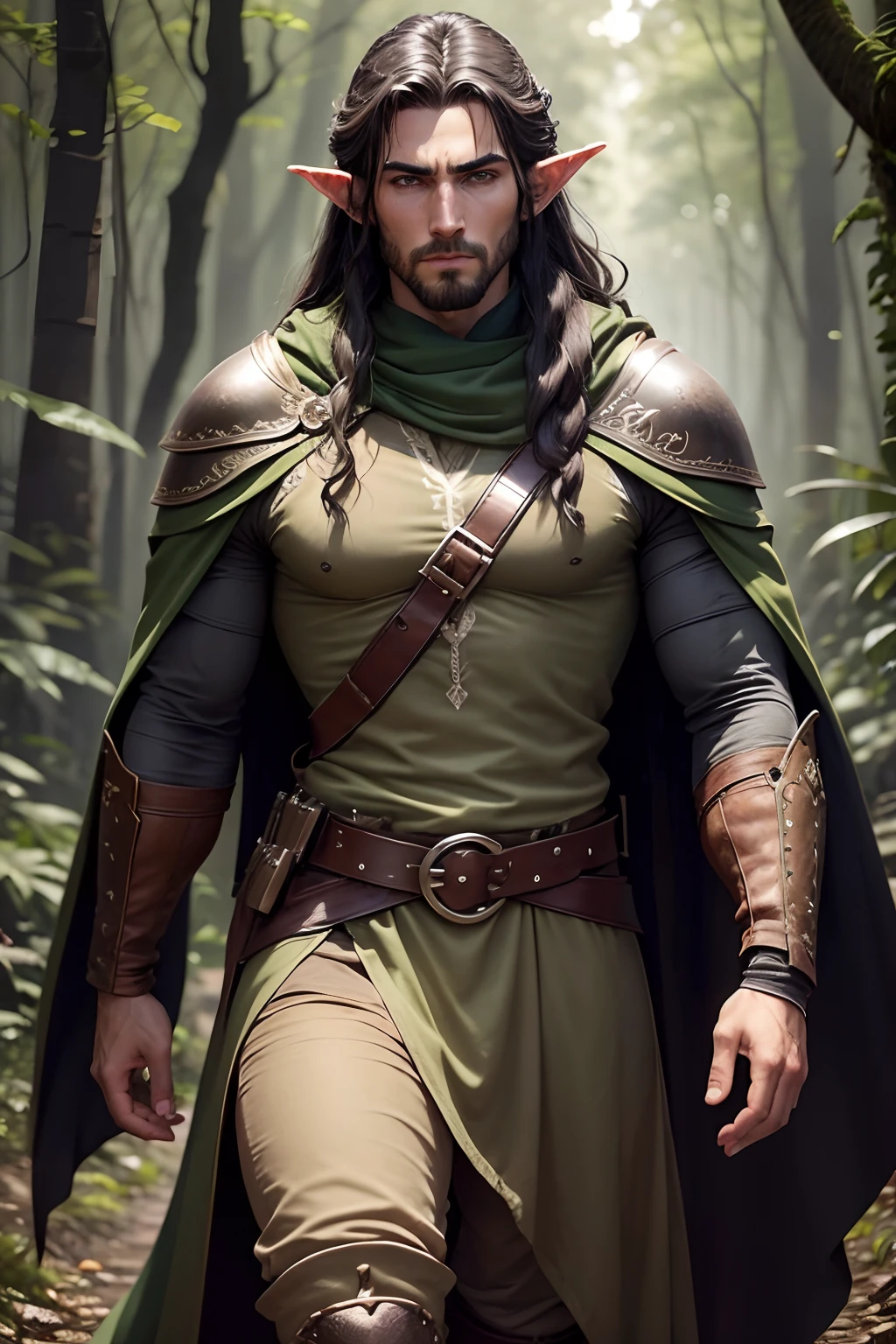 An Elven Ranger. Nascido da floresta. With boots that don't make a sound. Leather armor that blends into the bottom and cloak to become invisible. Cabelo preto na altura dos ombros com design robusto. Os olhos pareciam gritar como um lobo. Facial feature would be manly, but fine elven, His gaze would be intense and serious. ready for action at any time.