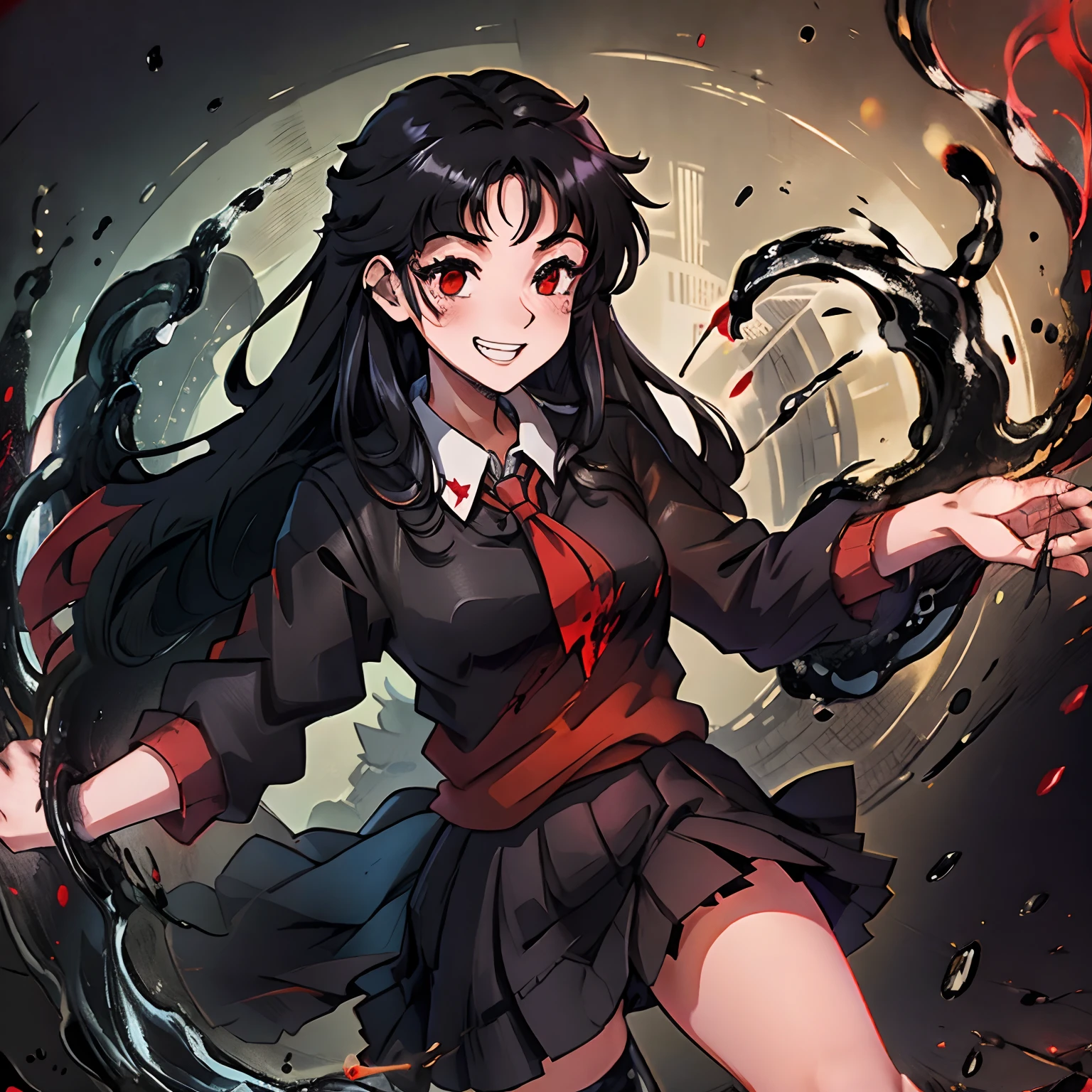(Long black hair), (red eyes), (black and red schoolgirl uniform) , (blood), (smiling), girl