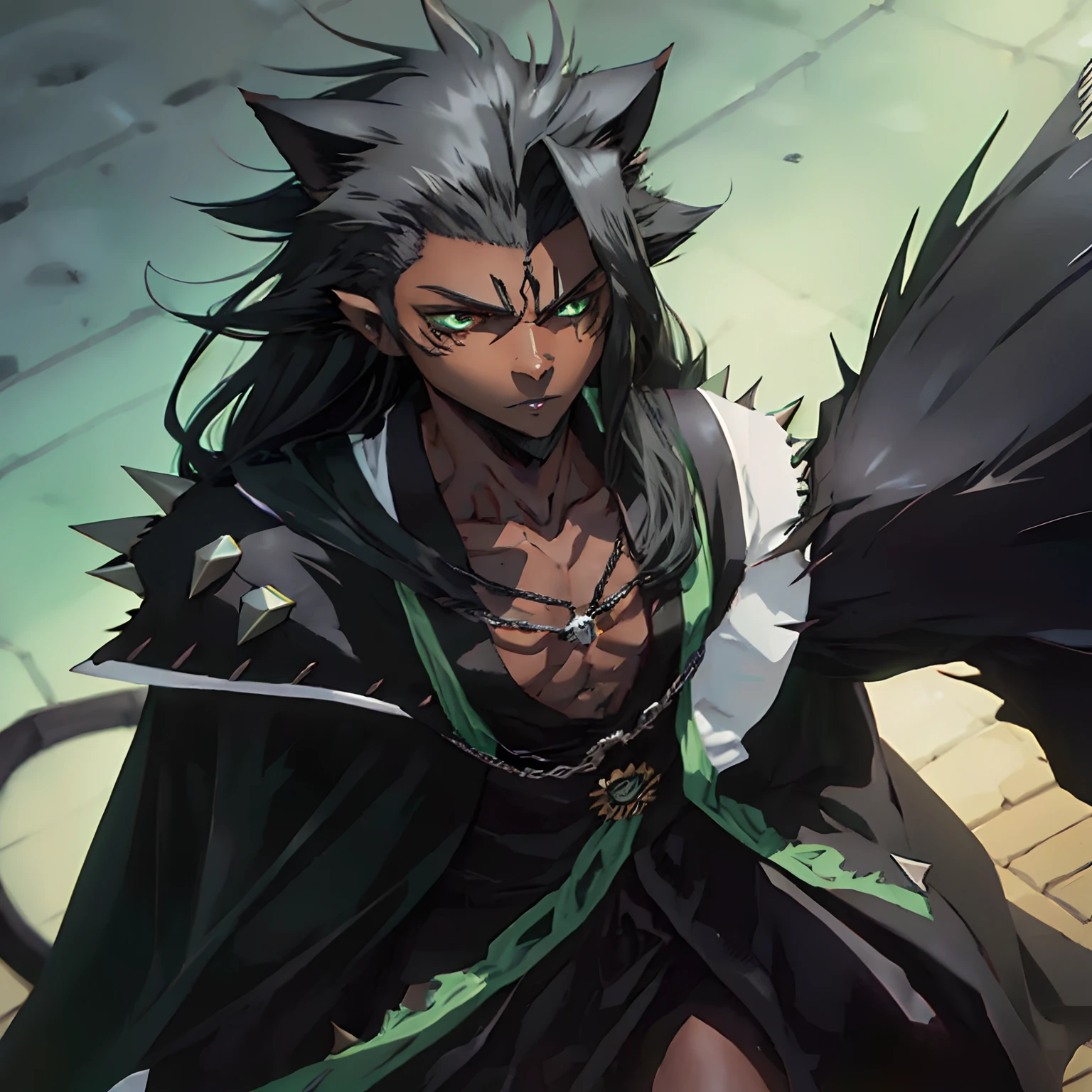 (Black spikey long hair), (dark skinned male), (cat ears), (green eyes), (black robes), (long hair), (spikey hair)