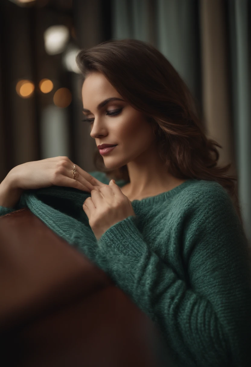 30, one woman, sweater, hand flipping sweater, breasts visible, beautiful face.