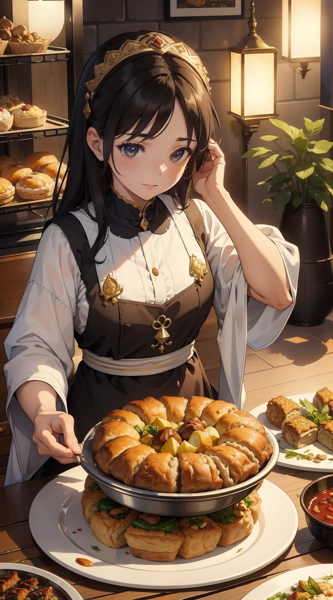 (best quality,4k,8k,highres,masterpiece:1.2),ultra-detailed,realistic,physically-based rendering,professional,vivid colors,bokeh,studio lighting,portraits
A lavish spread of delicious Eid delicacies unfolds before your eyes. The scene is captured in the highest quality resolution, with ultra-detailed and realistic rendering. The artwork displays the intricate textures and flavors of a feast that celebrates the joyous occasion of Eid.
At the center of the composition, succulent lamb or goat dishes are beautifully presented on large platters, their tender meat glistening under the studio lighting. The aroma gently wafts towards you, making your mouth water in anticipation.
Surrounding the succulent meat, aromatic rice is meticulously arranged, forming a bed of flavorful grains. The fine details of each rice grain are exquisitely captured, thanks to the artist's mastery of physically-based rendering techniques.
The artwork also showcases a wide array of delectable sweets, tempting your sweet tooth. Baklava, with its intricately layered pastry and rich nut filling, gleams invitingly. Ma'amoul, delicate pastries stuffed with dates or nuts, are artfully arranged in small piles. Each sweet is a work of art on its own, reflecting the artist's commitment to producing a masterpiece.
The colors in the artwork are vivid and vibrant, capturing the festive spirit of Eid. The bokeh effect adds a touch of magic to the scene, creating a dreamlike ambiance. The portraits of the food items are so lifelike that you can almost taste the flavors and smell the delicious aromas.
Through the expert use of studio lighting, the artist brings the delicacies to life, with the soft glow illuminating every detail, enhancing the realistic feel of the artwork. The combination of photorealistic rendering and professional artistic techniques makes this piece a visual feast that is sure to captivate viewers.
In this artistic interpretation, the sumptuous spread of Eid delicacies is transformed