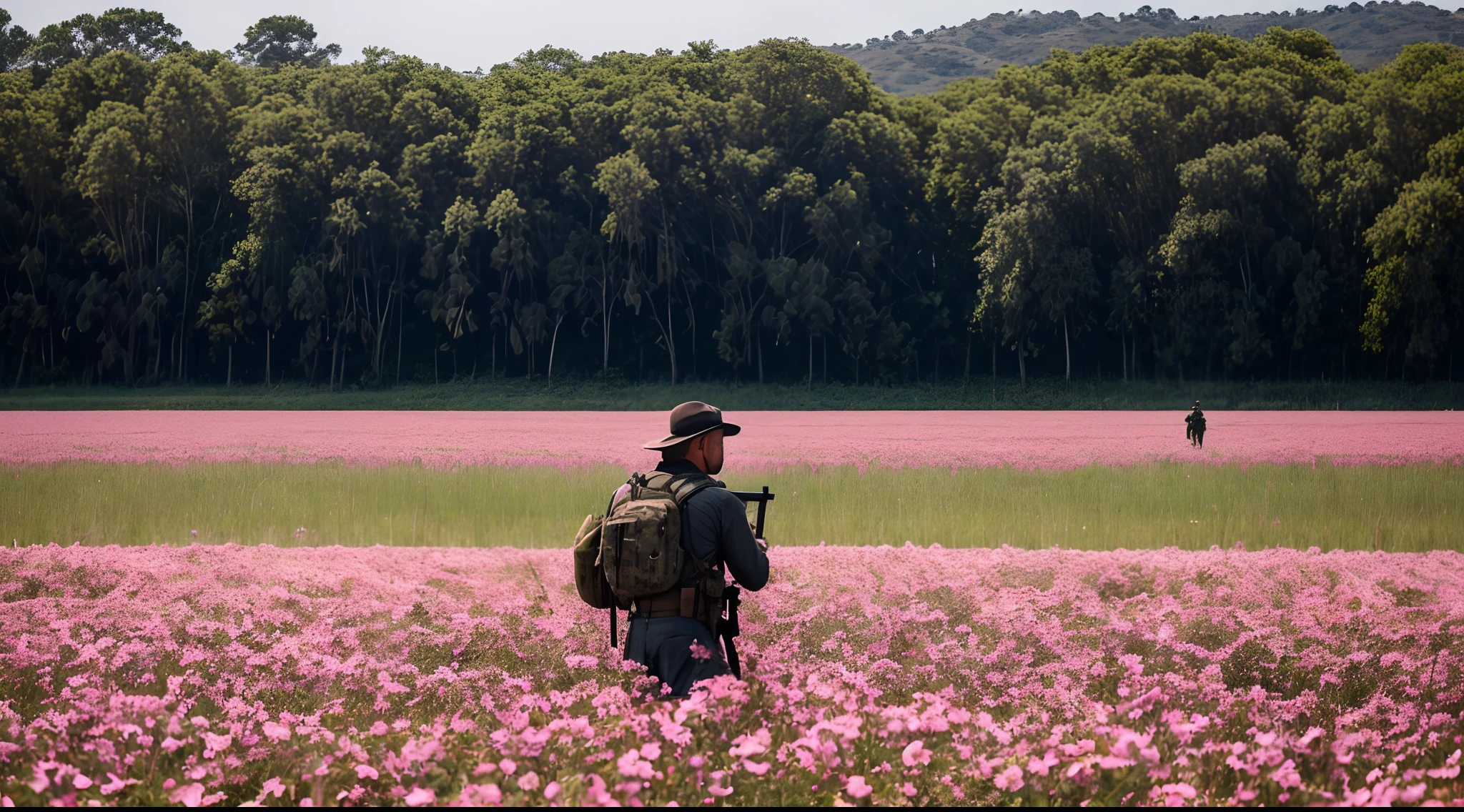 pessoas mortas ao fundo, distante, longe, ao fundo da imagem. There's a rifle and a rifle in a field of flowers, pessoas mortas ao fundo, fotografia de armas de fogo, close up armas e rosas, Directed by: Jason Benjamin, bela cena, lindamente perturbador, Shooting from a distance, extremely high-resolution, extremely high-resolution, Campo de flores cor-de-rosa, Rosas Rumble, beautiful aesthetics, Tiro de longe, Full Resolution, Sergey Krasovskiy, badass composition, beleza tranquila, cena impressionante