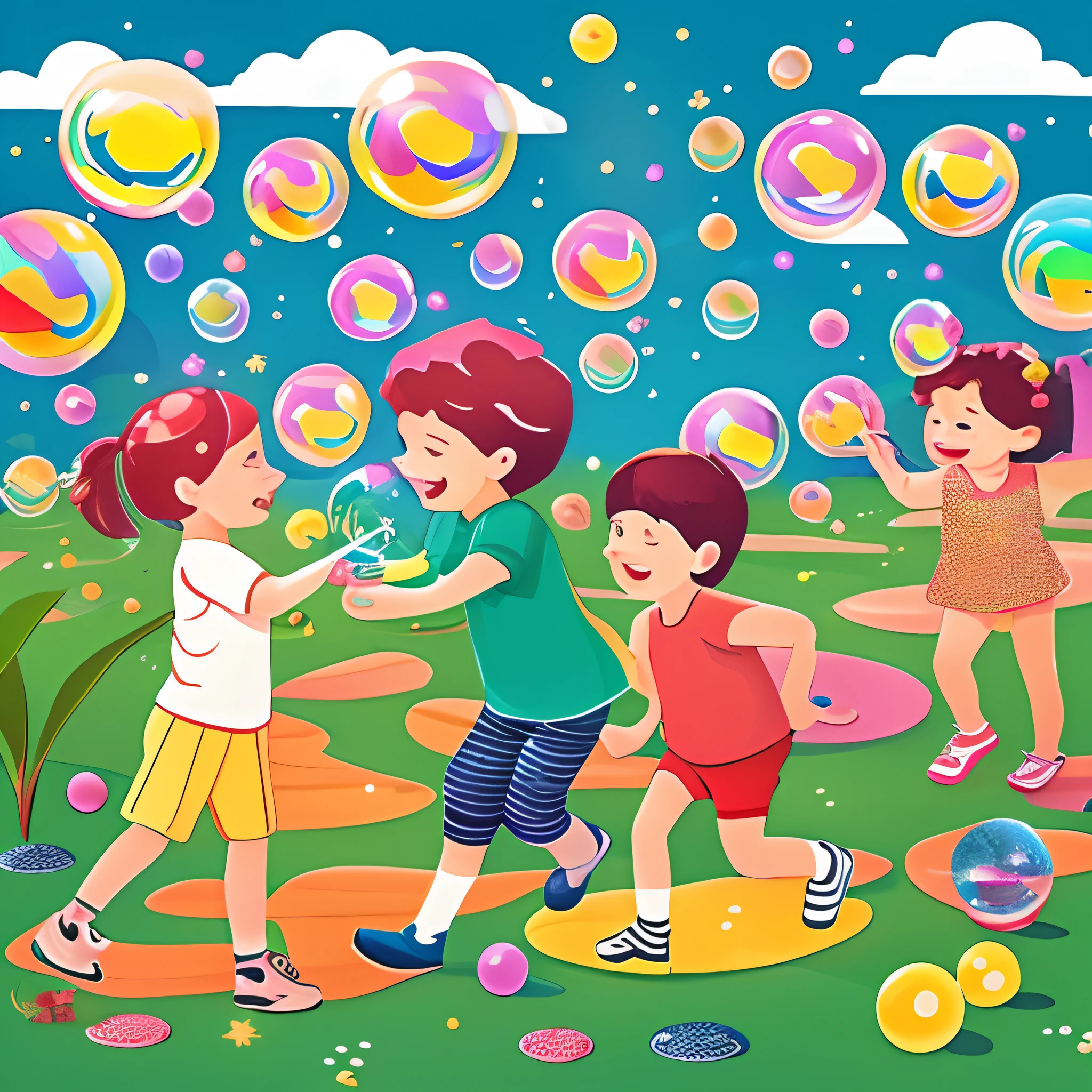 A fascinating colorful playground full of happy children in colorful clothes playing with running, com uma bola, with soap bubbles, com bonecas, The floor is made of glitter that shines like the sun, criando um ambiente simples e feliz, Captured Through a Detailed Children's Book Illustration, --auto --s2