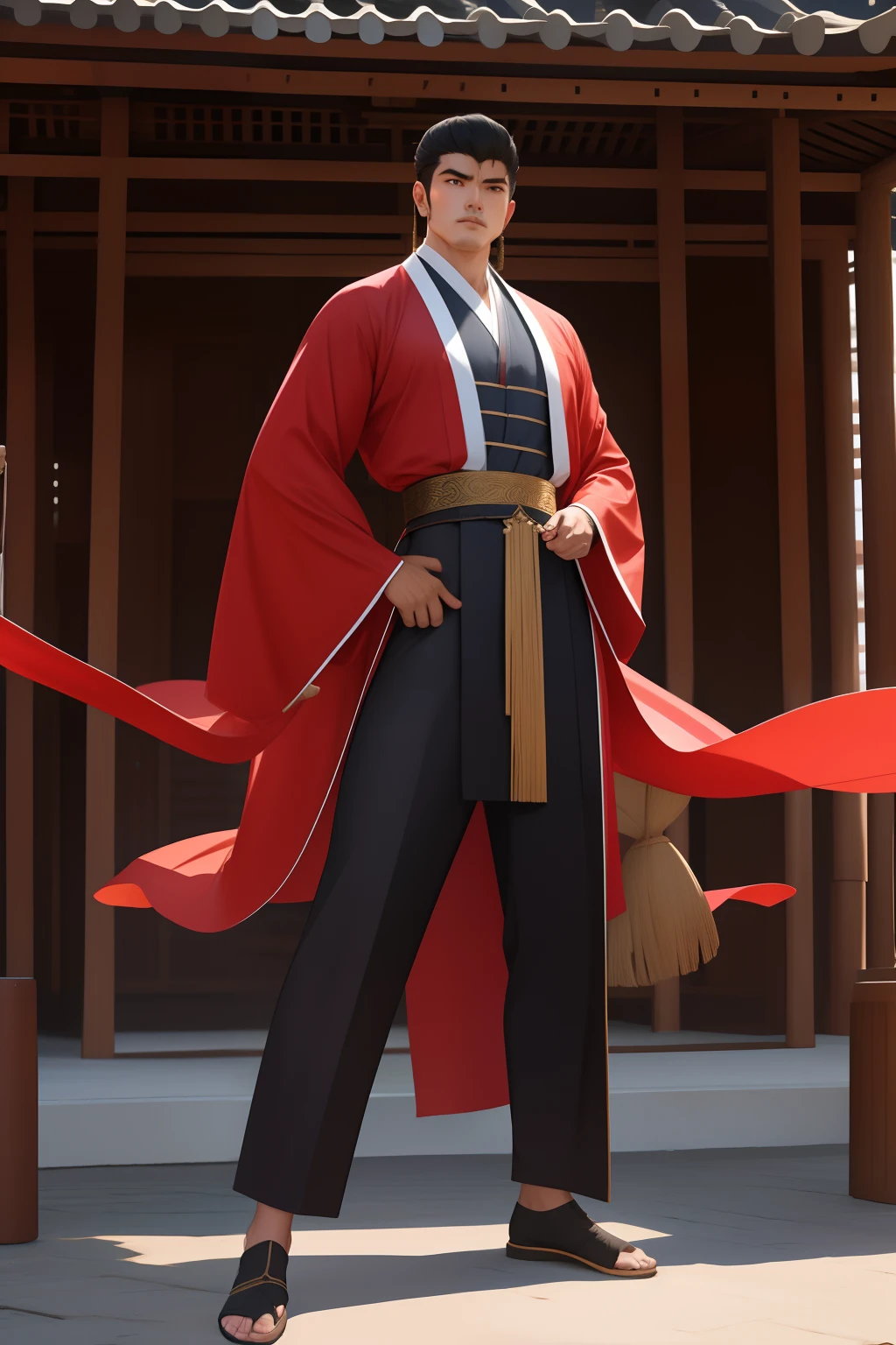 1homem,de longos e negros cabelos sedosos, usando uma roupa hunfa antiga no estilo wuxia,standing on her feet, Full body in front of a large pavilion, sendo observado, The expression on his face is arrogant and determined