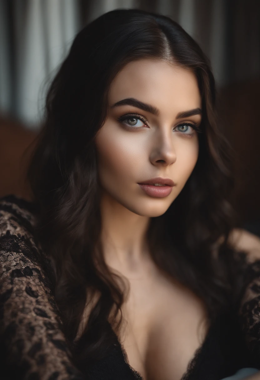 arafed woman with black sexy atractive clothes, sexy girl with brown eyes, portrait sophie mudd, black hair and large eyes, selfie of a young woman, bedroom eyes, violet myers, without makeup, natural makeup, looking directly at the camera, face with artgram, subtle makeup, stunning full body shot, in a roof , cleavage