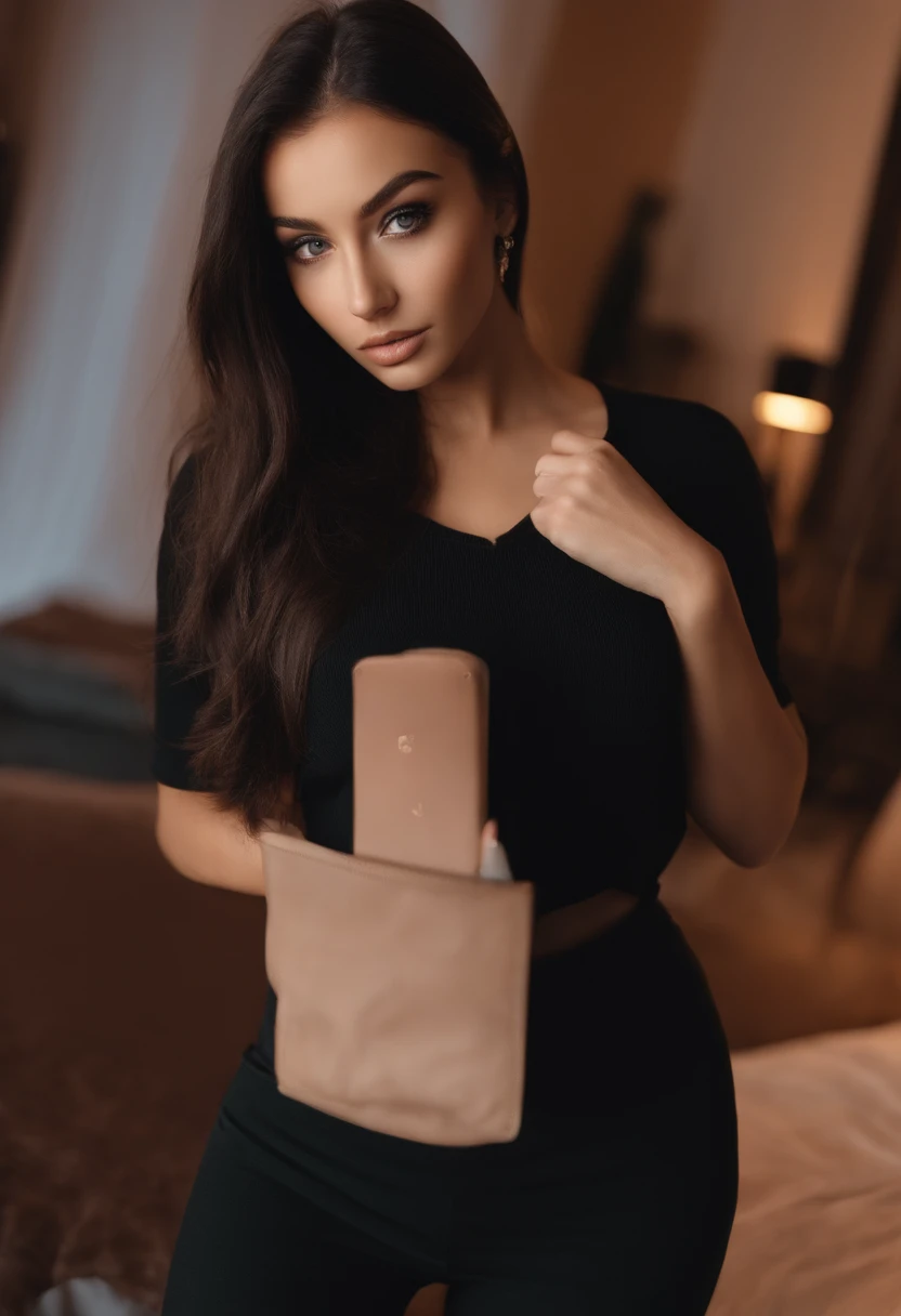 arafed woman with black sexy atractive clothes, sexy girl with brown eyes, portrait sophie mudd, black hair and large eyes, selfie of a young woman, bedroom eyes, violet myers, without makeup, natural makeup, looking directly at the camera, face with artgram, subtle makeup, stunning full body shot, in a roof , cleavage