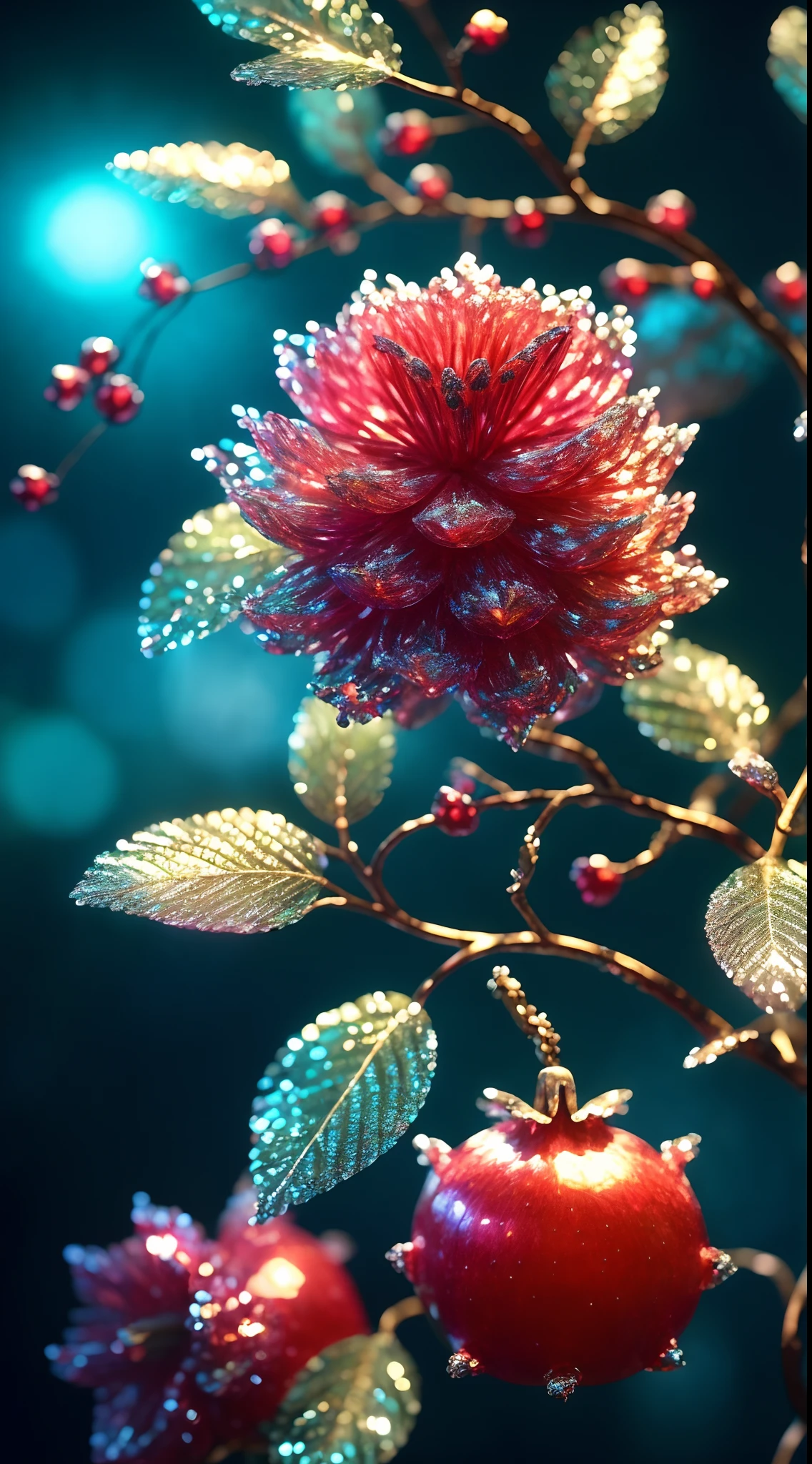 Crystal pomegranate tree, fanciful, galaxias, cleanness, glittery, glittery, splendor, Colorful, Amazing photography, dramatic lighting, photo-realism, ultra - detailed, 4k, depth of fields, A high resolution
