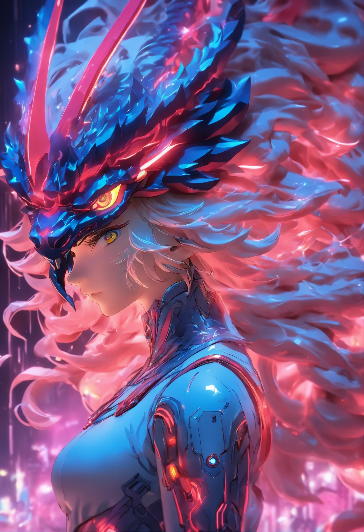 ChinesischDrache, (Blind Box Spielzeug Stil:1.2), (full-body shot) , 1 Transparent Girl,Hinter ihm steht ein durchsichtiger chinesischer Drache, Transparenter Mech, Exquisiter Helm:1.2, Leuchtende Brille:1.2, Cyberpunk, Dreamy glow, leuchtende Neonlichter, sauber, white background, ( Globale Beleuchtung, Rochen-Traching, HDR, Unwirkliches Rendern,Reasonable design, Hohe Detailgenauigkeit, Meisterwerk, best quality, hyper HD, Filmische Beleuchtung)
