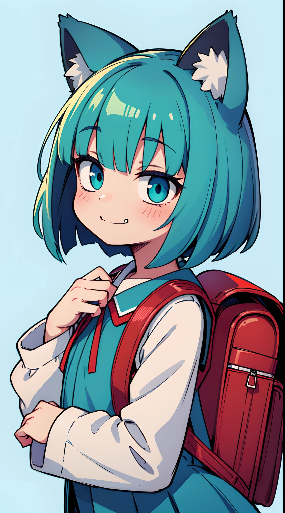 portrait of solo ((catgirl)) (), ((short fluffy turquoise hair in a wavy bob-cut)), ((turquoise nekomimi)), flat-chested, smug smile, from below, low angle, (dark blue primary schooler long-sleeved one-piece uniform, red ribbon), solid color light background, masterpiece, (facing forward), squinted eyes, (dark turquoise eyes), red primary school backpack