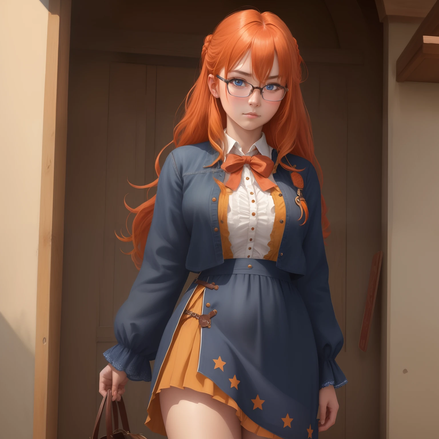 8k, masterpiece, best quality, realistic, higly detailed, cowboy shot, 1girl, solo, itsuki, serious looking girl, medium-length hair, expressive ahoge, reddish-orange hair, a pair of star-shaped hairpins near both of her eyes, dark blue eyes, average height, well-endowed figure, glasses, cute, Pietyer