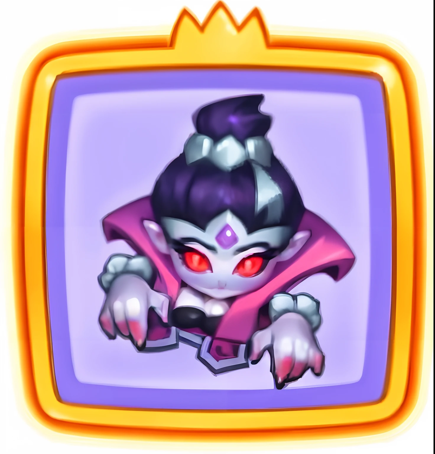 Uma vampira, com tira cinza, cabelo roxo escuro, cabelo preso, unhas rosa, olho rosa, cabelo roxo escuro, lilac clothes, cartoon