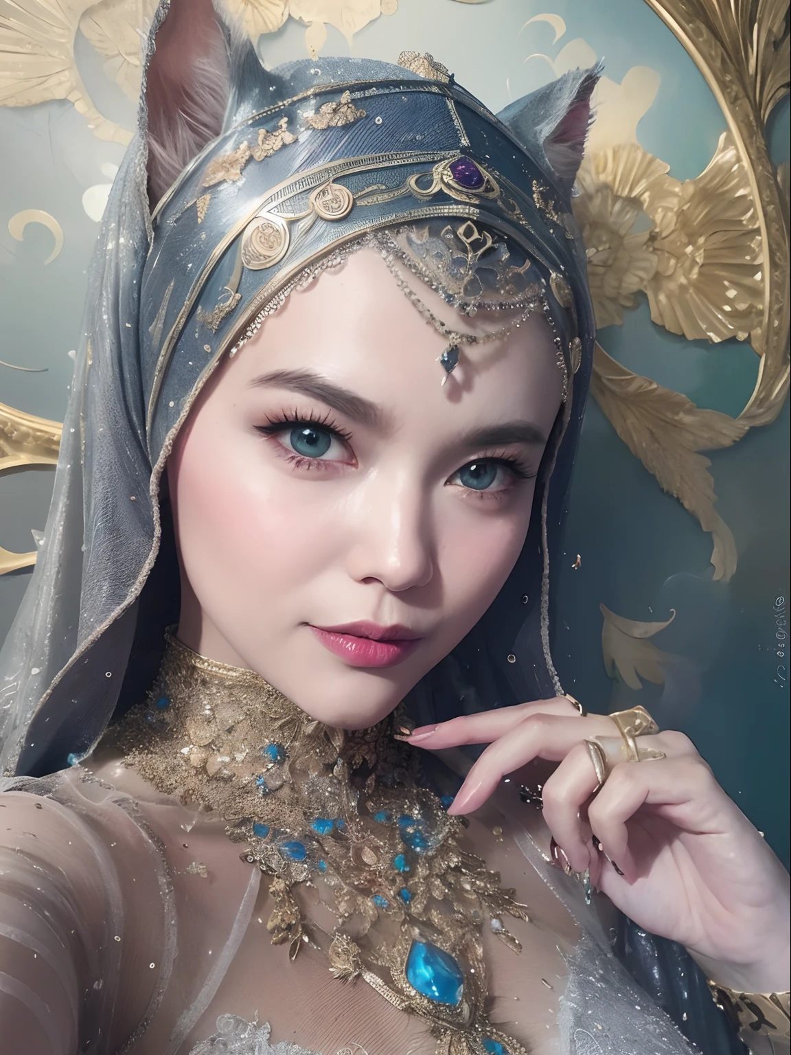 Full body portrait, beautiful fantasy Catwoman in hijab, shiny metallic jeweled depth, glowing smoke neon eyes, hoarfrost metal lace, fantasy, sunlight, sunbeam, intricate detail. 8k, dreamlike, surrealism, super cute, symmetrical, soft lighting, trending on artstation, intricate details, highly detailed, unreal engine, by ross tran, wlop, artgerm and james jean, Brian Froud, art illustration by Miho Hirano, Neimy Kanani, oil on canvas by Aykut Aydoğdu, oil painting, heavy strokes, paint dripping