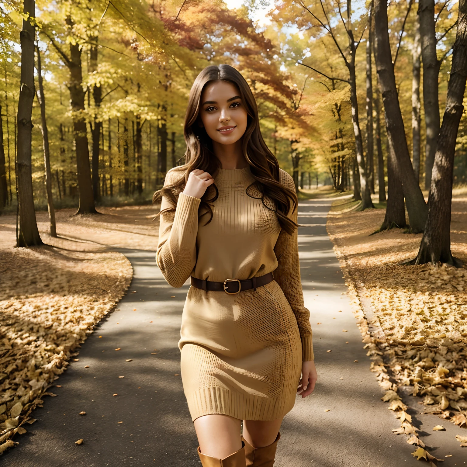 Generate full body photography of Autumn, the stunning brunette influencer. She should appear in her mid-20s approximately 5'4" tall with long, wavy chestnut hair that falls gracefully on her shoulders. She has an athletic hourglass figure accentuated by her full bust. Her complexion should be flawless, with a warm, sun-kissed tan. Autumn's expressive brown eyes should radiate charisma, and she should have a relaxed and confident demeanor. Autumn is adorned in attire that epitomizes the beauty of fall. She wears an elegant, form-fitting sweater dress in rich earthy brown that complements the vibrant foliage. The dress highlights her figure while providing comfort for her stroll through the autumn scenery. A pair of knee-high leather boots adds a touch of rustic chic to her ensemble.
The surroundings are a testament to the splendor of autumn. Autumn's walk takes her through a serene forest, where trees dressed in an array of fiery reds, burnt oranges, and deep yellows create a breathtaking backdrop. The ground is carpeted with fallen leaves, creating a delightful rustling underfoot as she moves along. The warm, golden sunlight filters through the canopy, casting dappled patterns on the forest floor.
Autumn should walking through the seasonal foliage. She may be photographed gazing at the vibrant leaves, twirling playfully, or simply taking in the natural beauty with an appreciative smile. The images should evoke a sense of wonder, serenity, and the magic of fall.
Intense look and makeup, smiling, serene expressions, symmetrical eyes, symmetrical face, photorealistic, photography, path tracing, specular lighting, volumetric face light, path traced hair, visible shadows, intricate, elaborate, hyper-realistic.