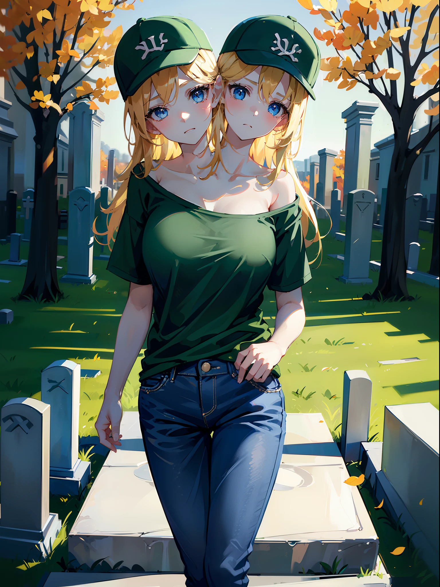 (masterpiece, best quality), best resolution, (2heads:1.5), 1girl, blond hair, blue eyes, baseball cap, sad, green t-shirt, dark blue long pants, hand on a tombstone, cemetery, autumn evening
