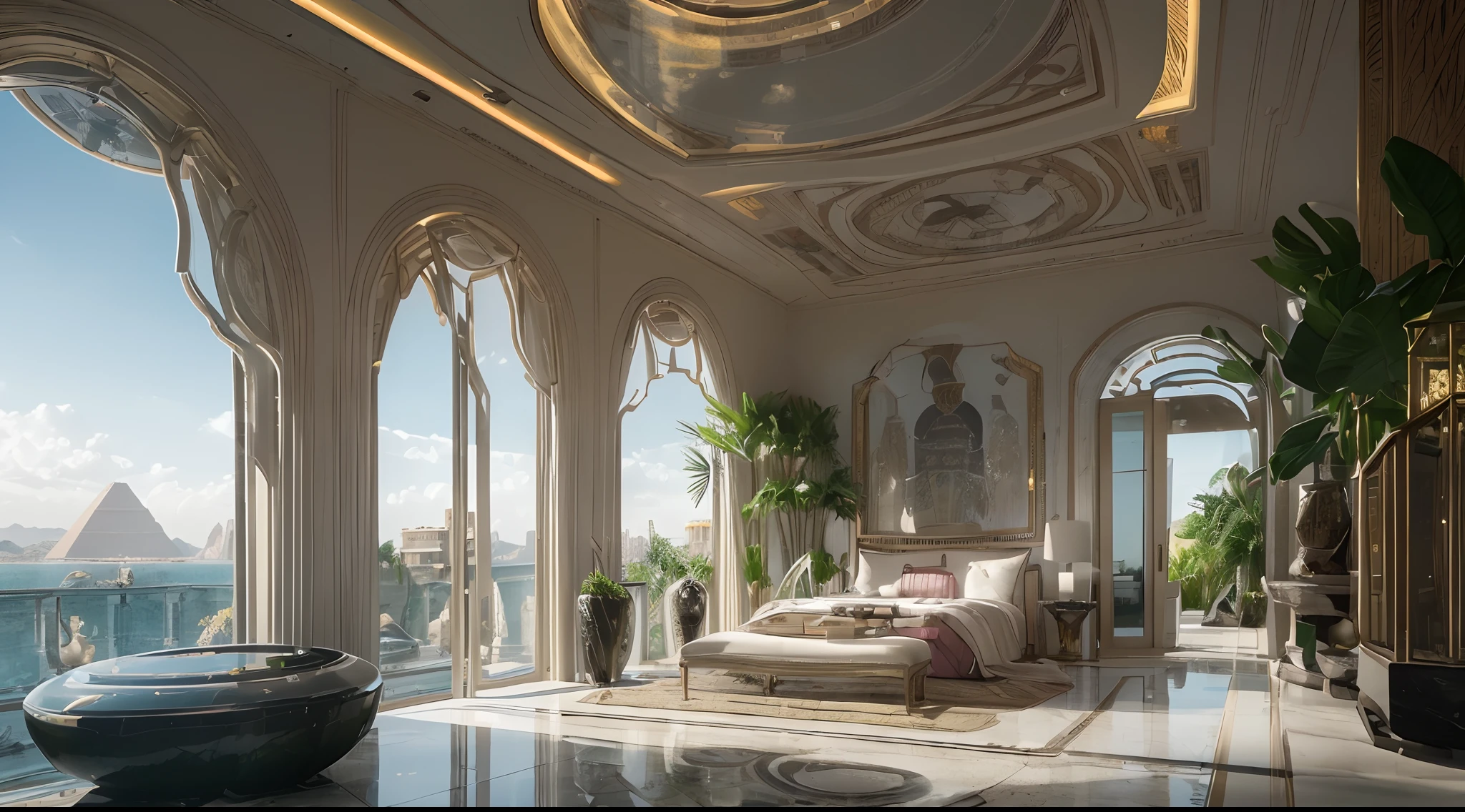 Caucasian Male Robot. Rooms with neomurite, Balcony for alien life. Alien City. White and pink, 8K, photos realistic, Male robot, dark colored, Fantastical, intricate detailes, Splash Screen, Complementary color scheme, 8k resolution trending on Artstation Unreal Engine 5", incredible black luxurious futuristic bedroom interior in Ancient Egyptian style with many (((lush verdant plants))) (The lotus flowers), ((Palm trees)), paredes rochosas, (egyptian hieroglyphs and ornaments), ((Sand)), ((falls)), (marble), ((precious minerals)), ((metals)), (Pedras preciosas), crystalline, clouds and ((Water)), (curvy futuristic furniture), crocodiles, (((ultra luxury))), (black marble) – with ((Beautiful lights)), Unreal Engine, corporate offices, 16 K