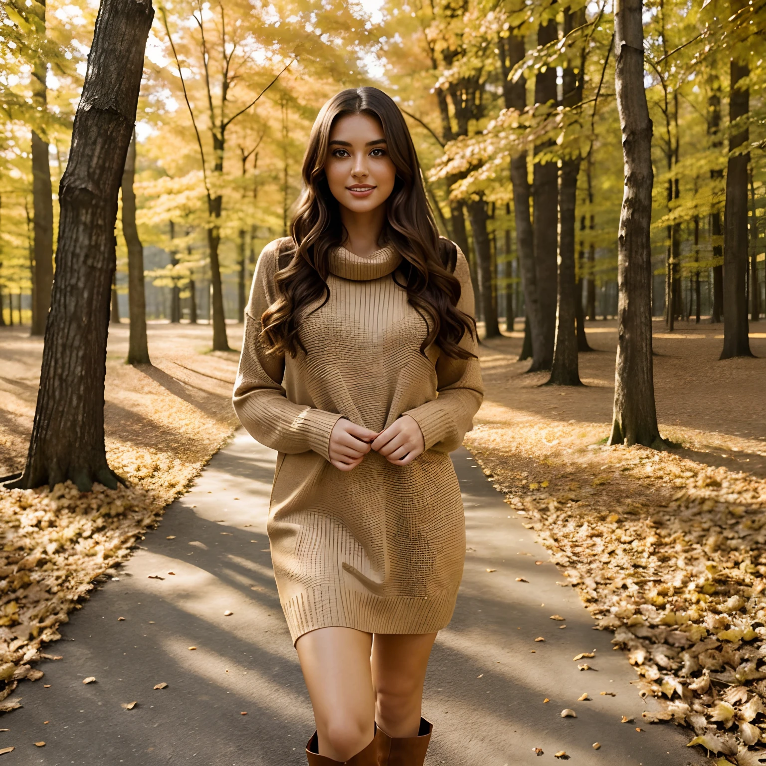 Generate full body photography of Autumn, the stunning brunette influencer. She should appear in her mid-20s approximately 5'4" tall with long, wavy chestnut hair that falls gracefully on her shoulders. She has an athletic hourglass figure accentuated by her full bust. Her complexion should be flawless, with a warm, sun-kissed tan. Autumn's expressive brown eyes should radiate charisma, and she should have a relaxed and confident demeanor. Autumn is adorned in attire that epitomizes the beauty of fall. She wears an elegant, form-fitting sweater dress in rich earthy brown that complements the vibrant foliage. The dress highlights her figure while providing comfort for her stroll through the autumn scenery. A pair of knee-high leather boots adds a touch of rustic chic to her ensemble.

The surroundings are a testament to the splendor of autumn. Autumn's walk takes her through a serene forest, where trees dressed in an array of fiery reds, burnt oranges, and deep yellows create a breathtaking backdrop. The ground is carpeted with fallen leaves, creating a delightful rustling underfoot as she moves along. The warm, golden sunlight filters through the canopy, casting dappled patterns on the forest floor.

Autumn should walking through the seasonal foliage. She may be photographed gazing at the vibrant leaves, twirling playfully, or simply taking in the natural beauty with an appreciative smile. The images should evoke a sense of wonder, serenity, and the magic of fall.

Intense look and makeup, smiling, serene expressions, symmetrical eyes, symmetrical face, photorealistic, photography, path tracing, specular lighting, volumetric face light, path traced hair, visible shadows, intricate, elaborate, hyper-realistic.