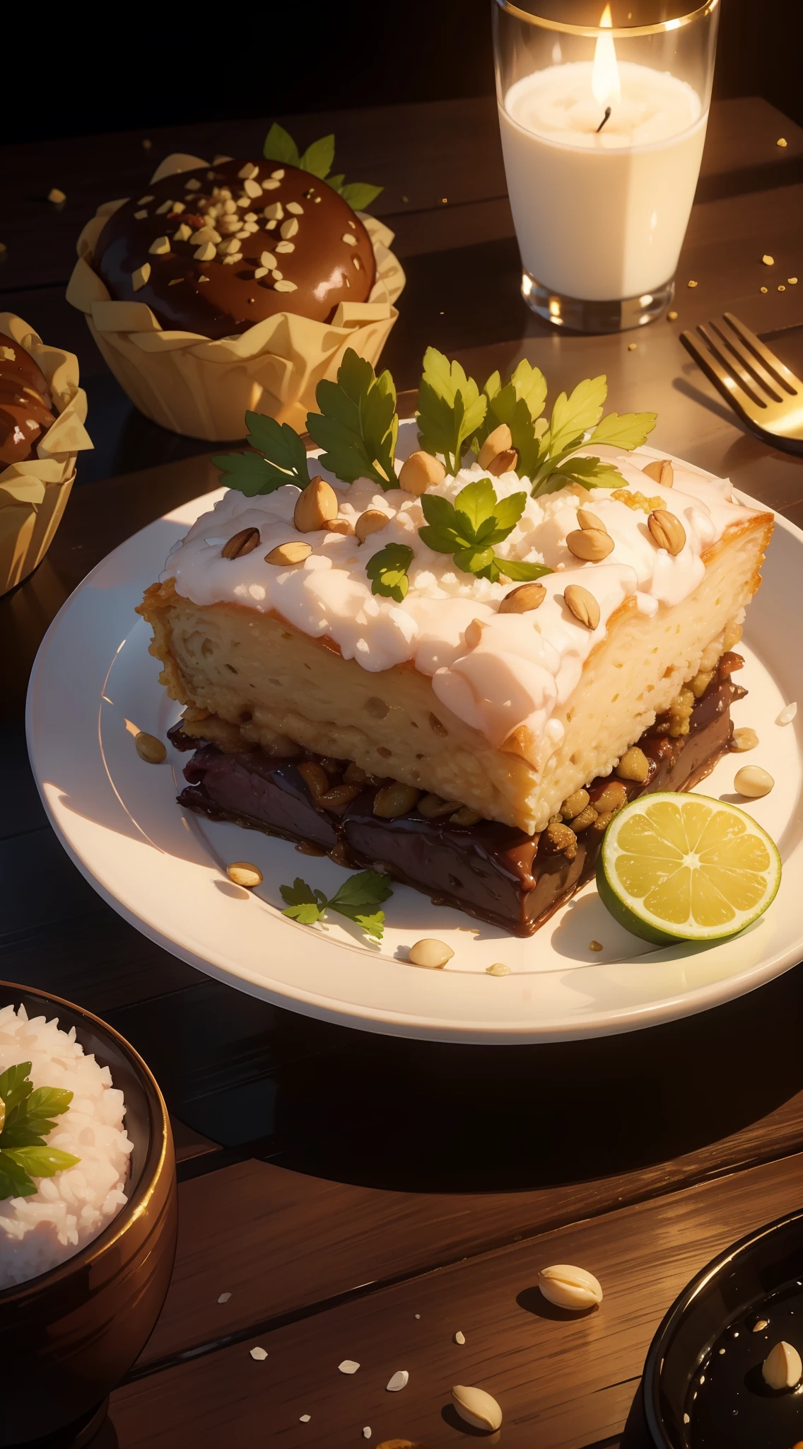 (best quality,4k,8k,highres,masterpiece:1.2),ultra-detailed,realistic,physically-based rendering,professional,vivid colors,bokeh,studio lighting,portraits
A lavish spread of delicious Eid delicacies unfolds before your eyes. The scene is captured in the highest quality resolution, with ultra-detailed and realistic rendering. The artwork displays the intricate textures and flavors of a feast that celebrates the joyous occasion of Eid.
At the center of the composition, succulent lamb or goat dishes are beautifully presented on large platters, their tender meat glistening under the studio lighting. The aroma gently wafts towards you, making your mouth water in anticipation.
Surrounding the succulent meat, aromatic rice is meticulously arranged, forming a bed of flavorful grains. The fine details of each rice grain are exquisitely captured, thanks to the artist's mastery of physically-based rendering techniques.
The artwork also showcases a wide array of delectable sweets, tempting your sweet tooth. Baklava, with its intricately layered pastry and rich nut filling, gleams invitingly. Ma'amoul, delicate pastries stuffed with dates or nuts, are artfully arranged in small piles. Each sweet is a work of art on its own, reflecting the artist's commitment to producing a masterpiece.
The colors in the artwork are vivid and vibrant, capturing the festive spirit of Eid. The bokeh effect adds a touch of magic to the scene, creating a dreamlike ambiance. The portraits of the food items are so lifelike that you can almost taste the flavors and smell the delicious aromas.
Through the expert use of studio lighting, the artist brings the delicacies to life, with the soft glow illuminating every detail, enhancing the realistic feel of the artwork. The combination of photorealistic rendering and professional artistic techniques makes this piece a visual feast that is sure to captivate viewers.
In this artistic interpretation, the sumptuous spread of Eid delicacies is transformed