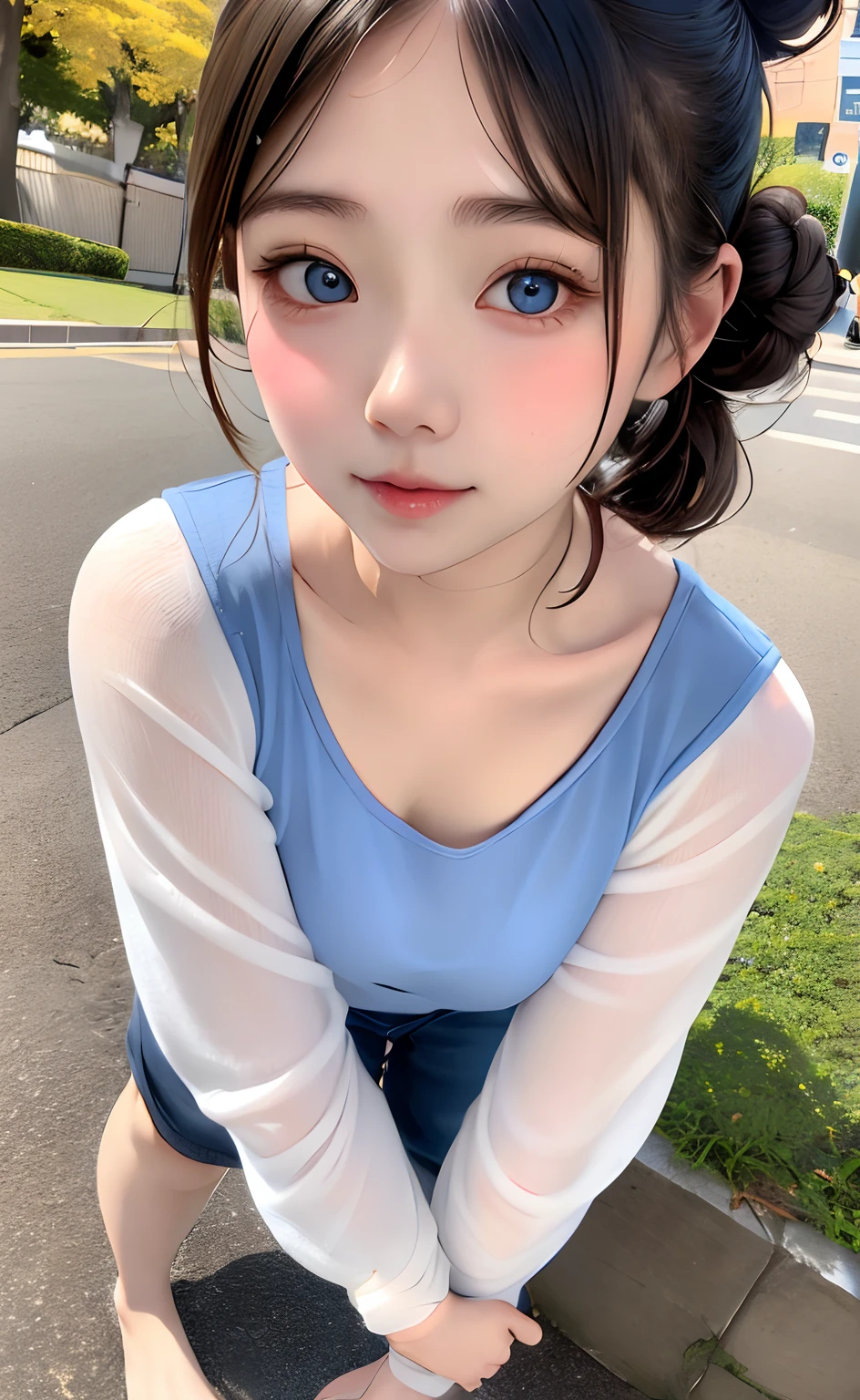 masutepiece:1.2, High quality, Best Quality, High resolution, Detailed, Hyper realistic, girl with, Bun hair, Blue eyes,Infinitely clear eyes、Full Body Angle、Standing、Hairpin、Hairpin、Cute shirt,plein air、Autumn Park、Autumn sky、Portrait,Natural look, (Detailed face), ((Sharp Focus)), ((Face))