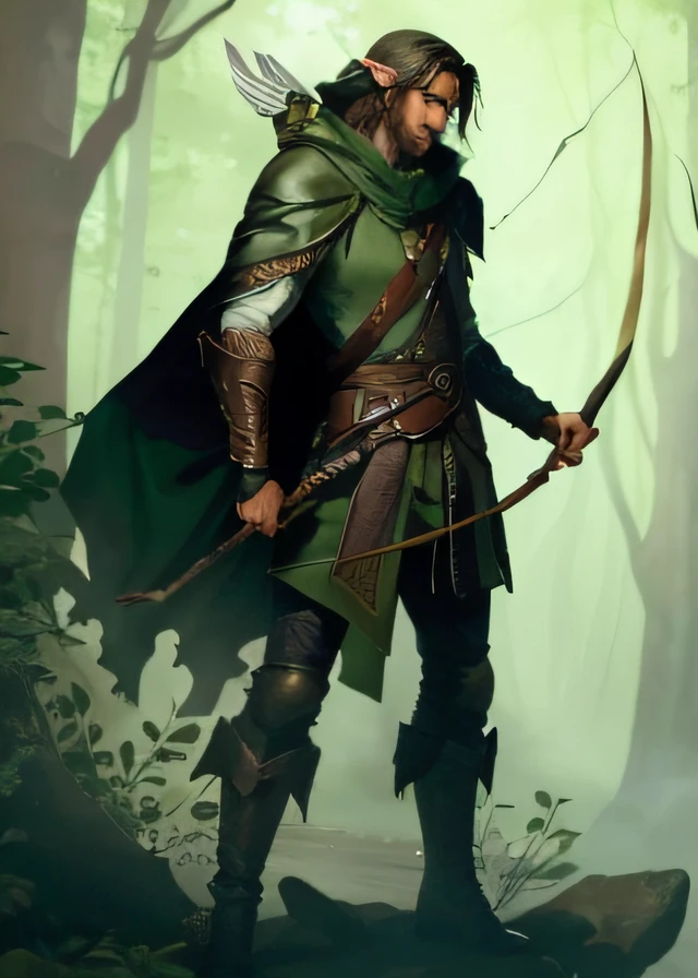 An Elven Ranger. Nascido da floresta. With boots that don't make a sound. Leather armor that blends into the bottom and cloak to become invisible. Cabelo preto na altura dos ombros com design robusto. Os olhos pareciam gritar como um lobo. Facial feature would be manly, but fine elven, His gaze would be intense and serious. ready for action at any time.
