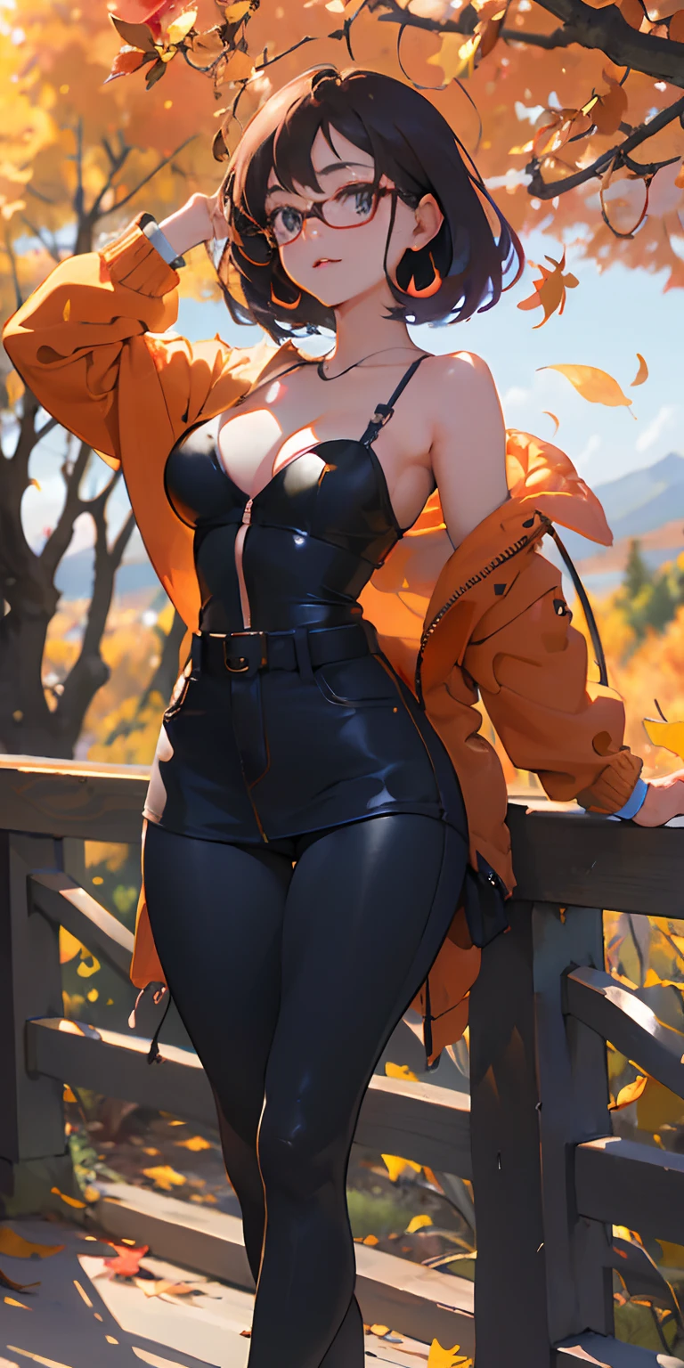 realisticlying、girl with、Outdoor Fashion、Autumn leaves Autumn leaves、Beautiful ginkgo tree、Slightly larger breasts with an emphasis on cleavage、Sexy Posing、Nature views