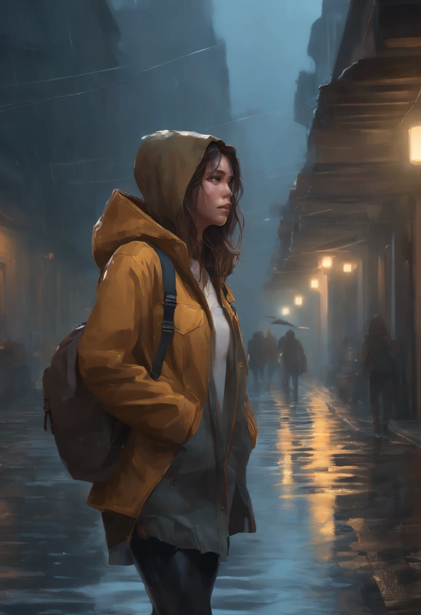 1girl, jacket, rain, outdoor, hoodie, open jacket, chain, backpack, looking at another, messy hair, trending on artstation, 8k resolution, highly detailed, anatomically correct, sharp image, digital painting, concept art, trending on pixiv, style of makoto shinkai,
