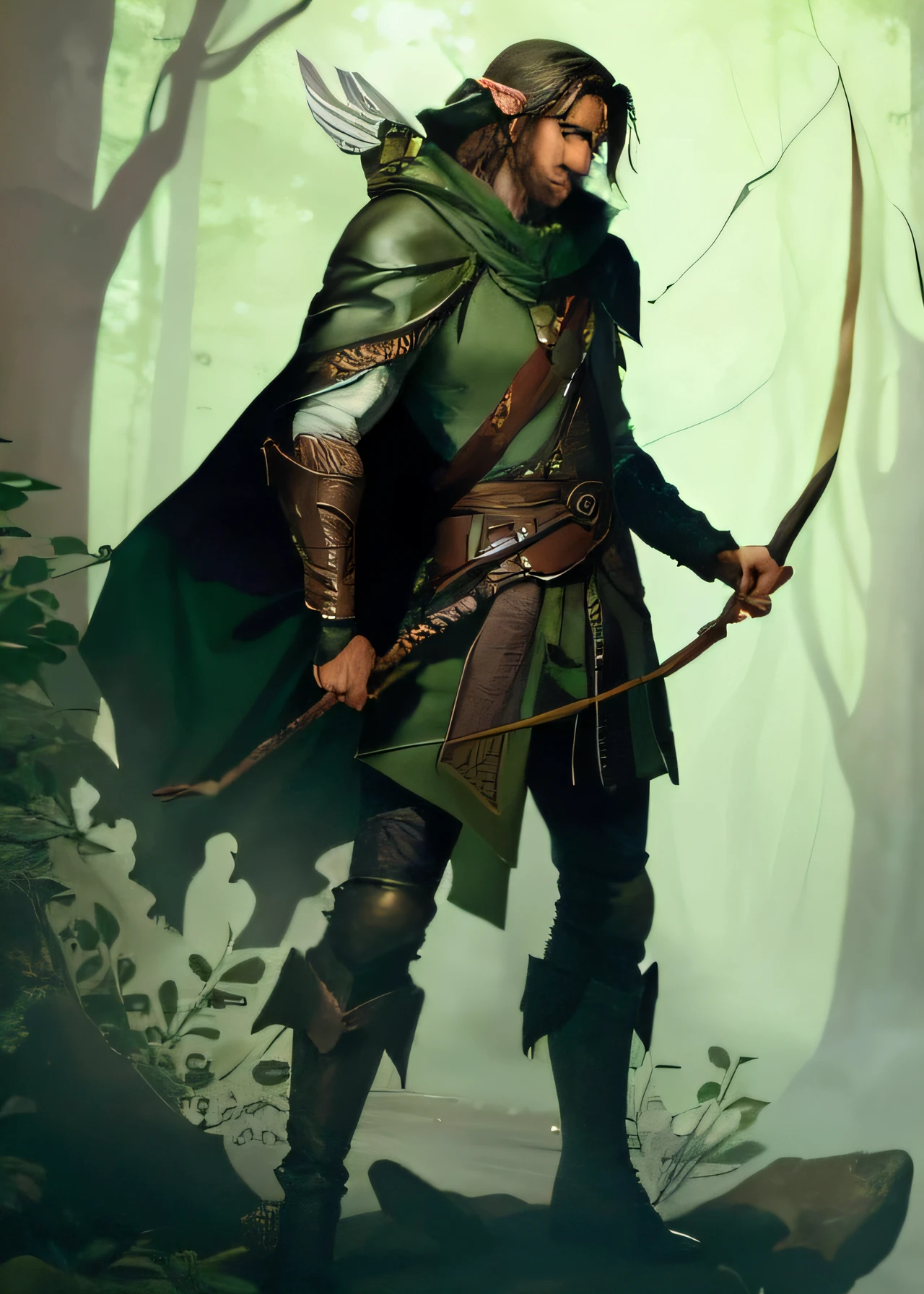 An Elven Ranger. Nascido da floresta. With boots that don't make a sound. Leather armor that blends into the bottom and cloak to become invisible. Cabelo preto na altura dos ombros com design robusto. Os olhos pareciam gritar como um lobo. Facial feature would be manly, but fine elven, His gaze would be intense and serious. ready for action at any time.