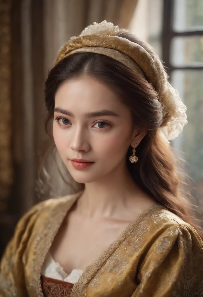 girls, 30 years old, Indonesian, Fit, Cute face, Antique clothing, Intricate clothes, portrait of a, springtime, warm light, dark backgrounds,Oil painting style Johannes Vermeer