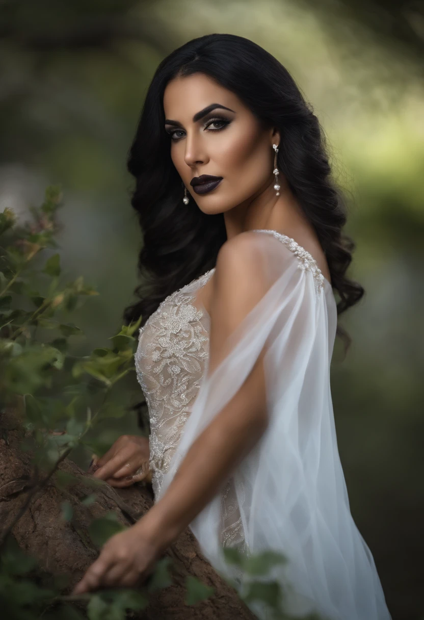 foto frontal de mulher 35 anos, rosto metade caveira. roupas pretas. cabelo preto curto. estilo la muerte, framatico, realista, desfoque de lente, canon r5 50 mm, retrato profissional, fundo dramatico e sombrio