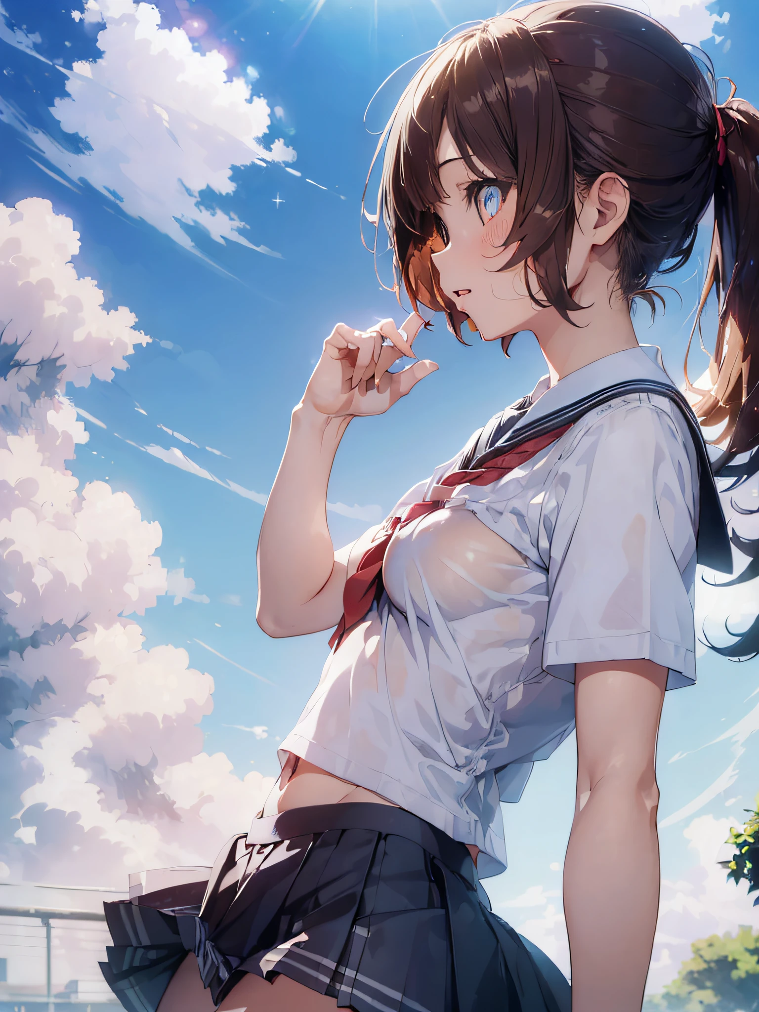 (tmasterpiece:2.0), (topquality:2.0), (Ultra Mini Skirt Very Short Length Schoolgirl Uniform:1.5), (side-view:1.5), (sexypose:1.5), (reddened face:1.3), (with a naked torso:1.3), (Boob scattering:1.4), (Realistic:1.5), 1 little girl, Precise Little Handles, Embarrassed look, slight smile, Very nice girl, Innocent Face, Young face, Clear Eyes, Radiant Eyes, little chest, Breast splitting is visible, The tummy is visible, The buttocks are visible, the perineum is visible, lack of pubic hair, Beautiful skin, Ultra-Resolution, Top Resolution, Japanese high school student, brown hair, in park