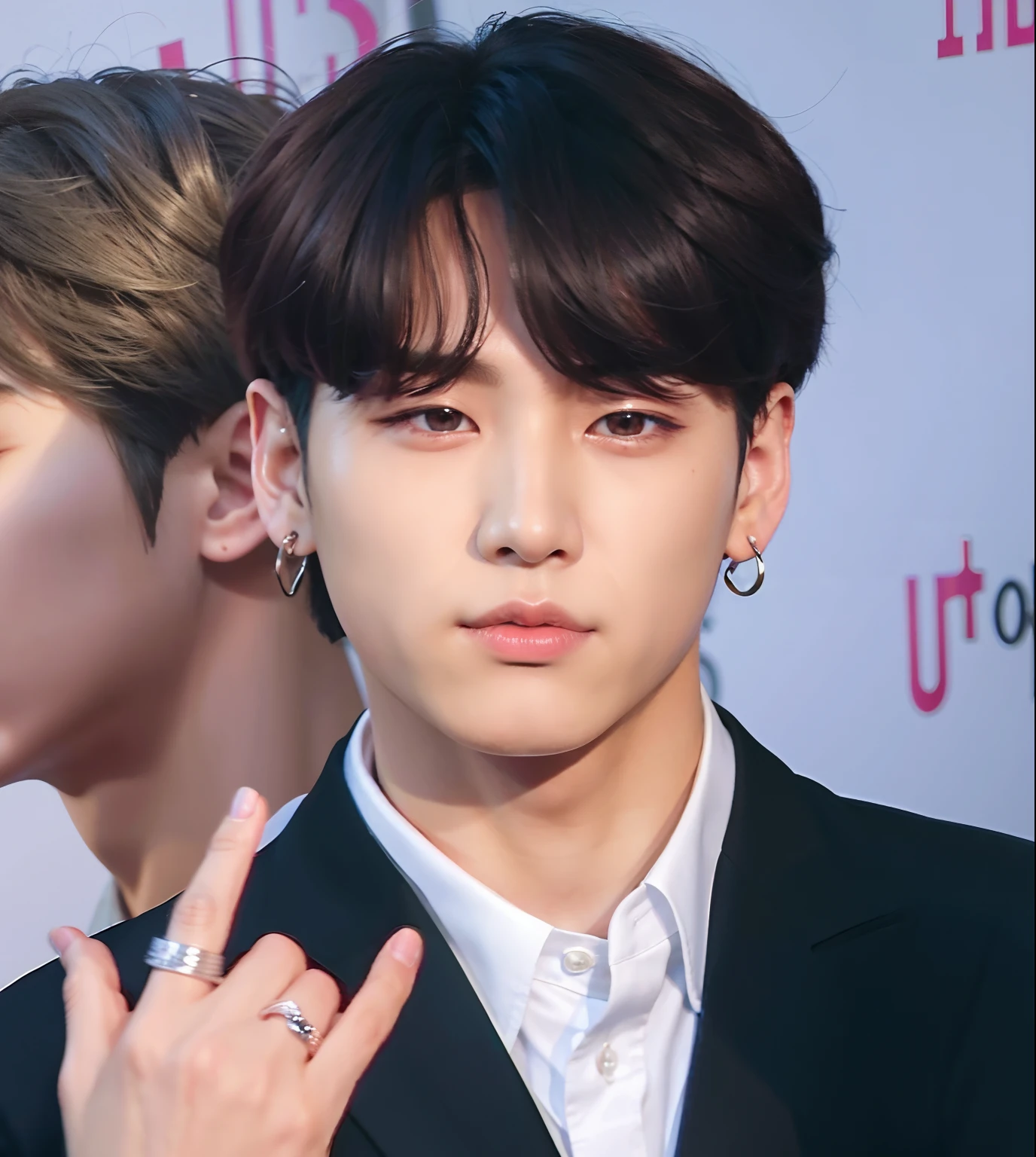 araffed male in a suit and tie with a ring on his finger, jungkook, cai xukun, taken in the early 2020s, black haired yoongi, jimin\'s right eyelid swollen, kim doyoung, hyung tae, taejune kim, bts, jinyoung shin, innocent look, jimin, jimin\'s plump lips, ten lee
