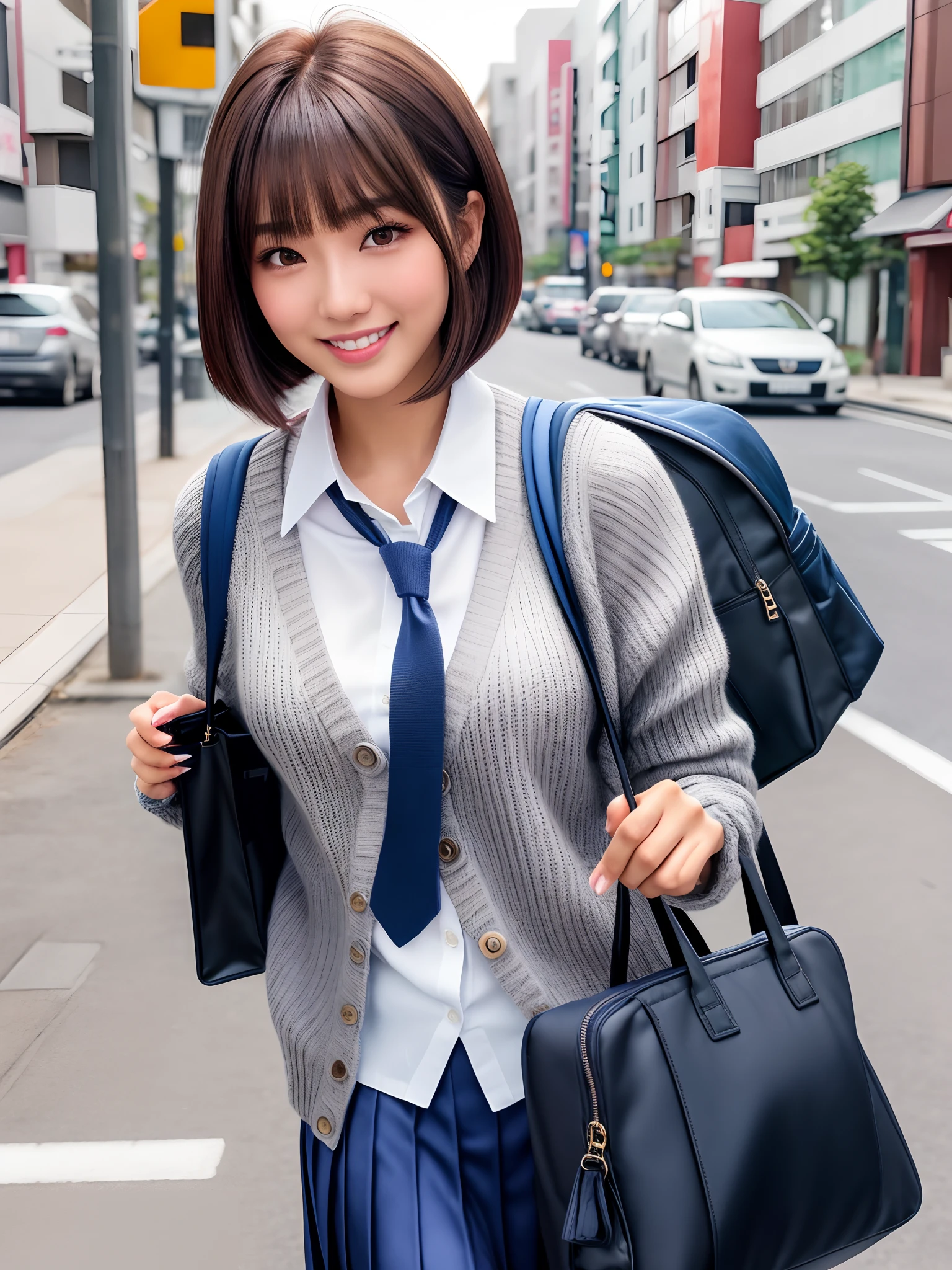 product quality, 1girl, upper body shot, front view, a Japanese young pretty woman, bob hair, walking on a street with a big smile in the morning, glamorous figure, wearing a gray knitted cardigan over a white collared silky shirt with shiny satin dark blue plain long tie, wearing a dark blue pleated long skirt, carrying a school bag over her shoulder, hyper cute face, glossy lips, double eyelids in both eyes, natural makeup, long eyelashes, shiny smooth light brown bob hair, asymmetrical bangs, a tanned skin, central image, high resolution, high detail, detailed hairstyle, detailed face, spectacular cinematic lighting, octane rendering, vibrant, hyper realistic, perfect limbs, perfect anatomy