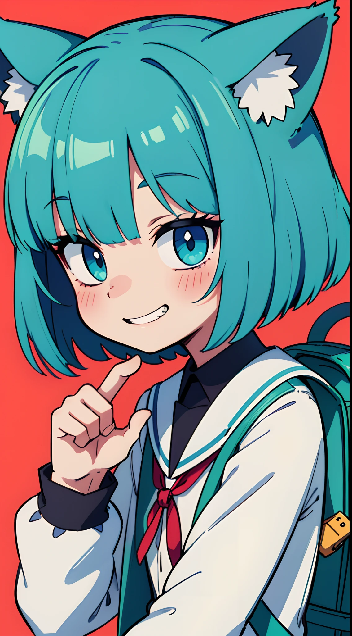 portrait of solo ((catgirl)) (child, 9 years old), ((short fluffy turquoise hair in a wavy bob-cut)), ((turquoise nekomimi)), flat-chested, smug grin, from below, low angle, (dark blue primary schooler long-sleeved one-piece uniform, red ribbon), solid color light background, masterpiece, (facing forward), squinted eyes, (dark turquoise eyes), red primary school backpack