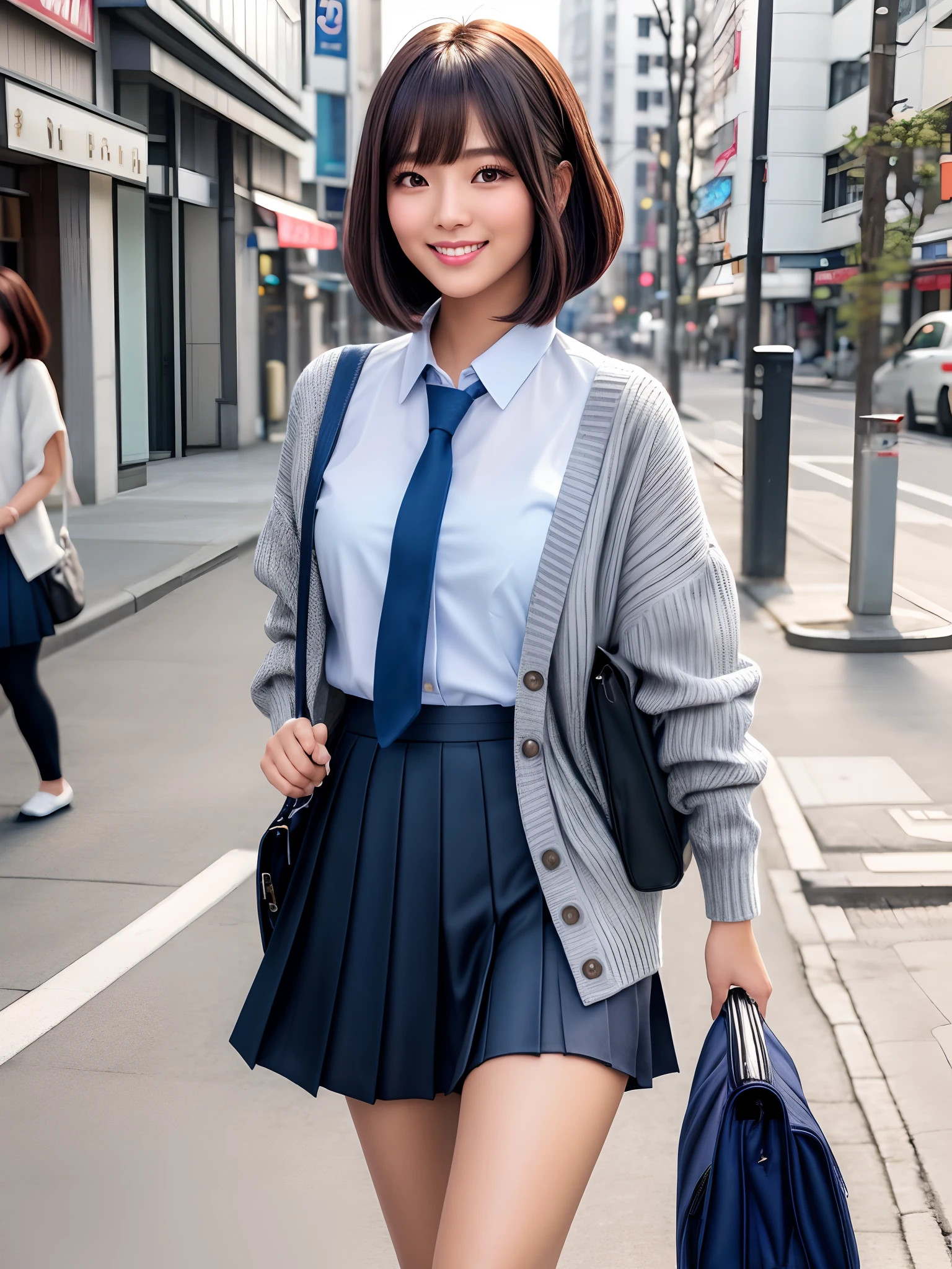 product quality, 1girl, upper body shot, front view, a Japanese young pretty woman, bob hair, walking on a street with a big smile in the morning, glamorous figure, wearing a gray knitted cardigan over a white collared silky shirt with shiny satin dark blue plain long tie, wearing a dark blue pleated long skirt, carrying a school bag over her shoulder, hyper cute face, glossy lips, double eyelids in both eyes, natural makeup, long eyelashes, shiny smooth light brown bob hair, asymmetrical bangs, a tanned skin, central image, high resolution, high detail, detailed hairstyle, detailed face, spectacular cinematic lighting, octane rendering, vibrant, hyper realistic, perfect limbs, perfect anatomy