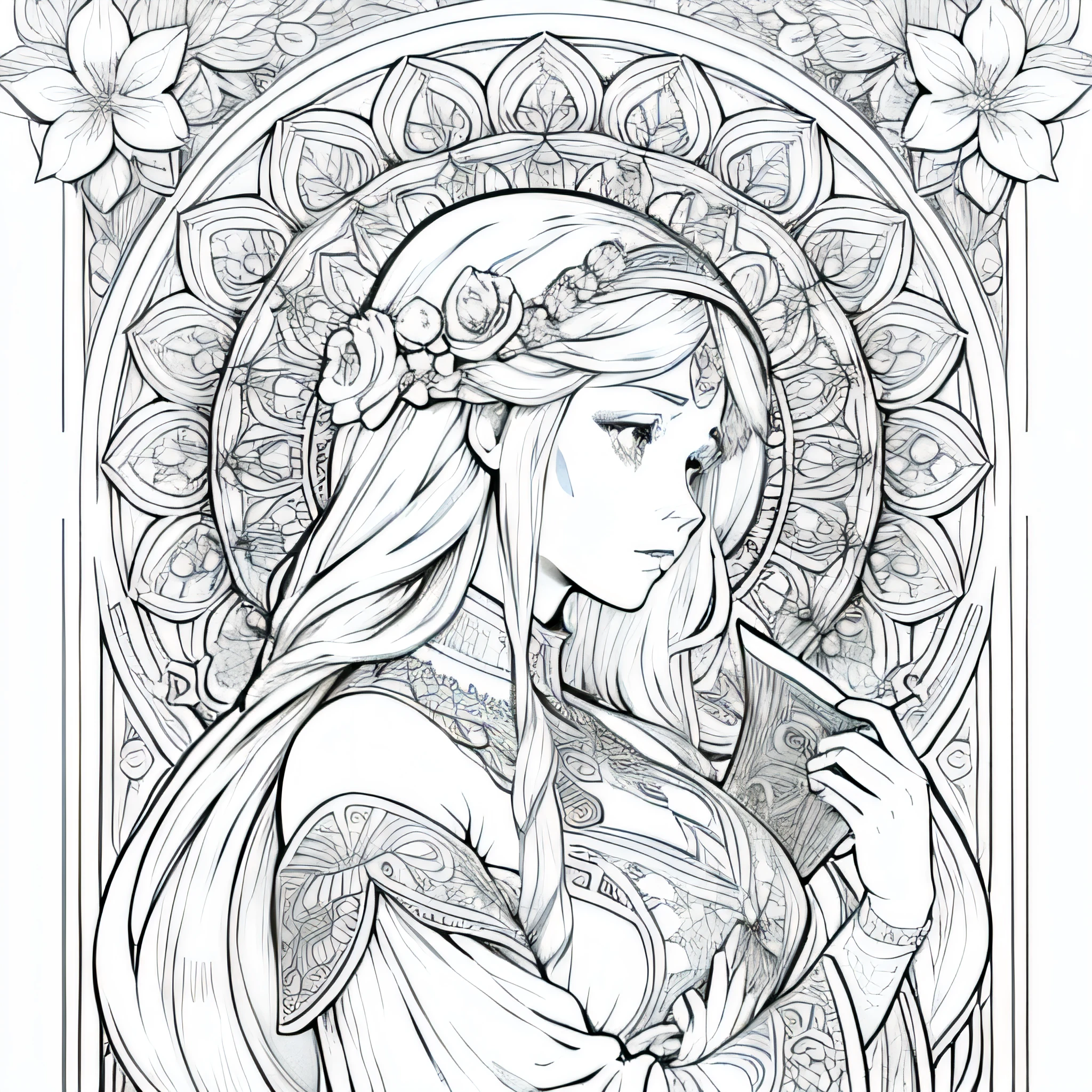 Flores e deusa, Ploynésia, Jardim, book page coloring art, fundo branco completo, Use only the outline, arte de linha, livro para colorir, Arte de linha limpa, Mandala para colorir com enfeites da natureza, arte de linha simples e limpa, coloring book page, adornado em estilo Art Nouveau, com um toque de pincel de Alfons Mucha, detalhes perfeitos, real.