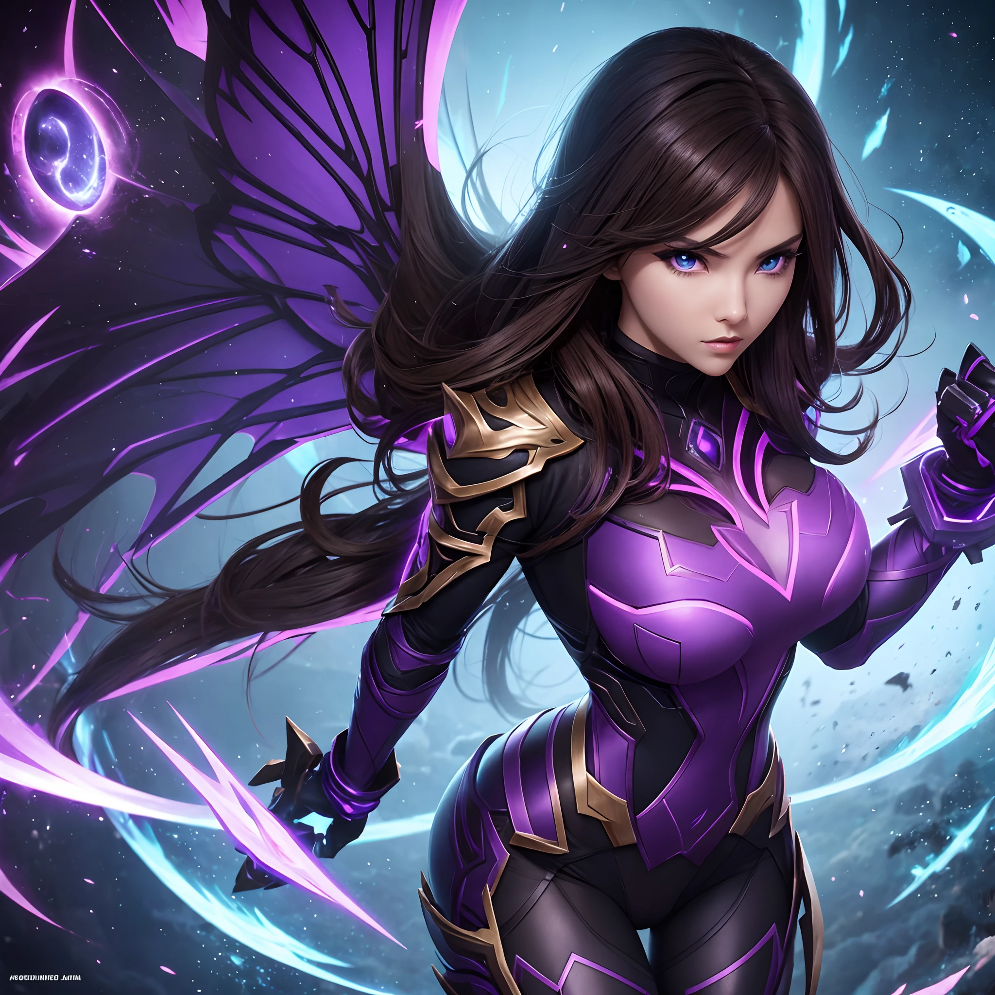Kai'sa, league of legends. is a brown-haired, blue-eyed woman who wears a special costume made of Void skin. The costume is black with purple and green accents, and adapts to your skills and weapons. She has two mechanical wings on her back that allow her to fly and teleport. She also wears a mask that covers part of her face and gives her improved vision. Kai'Sa is a fearless warrior who fights against the Void creatures that threaten the world. Super sexy.