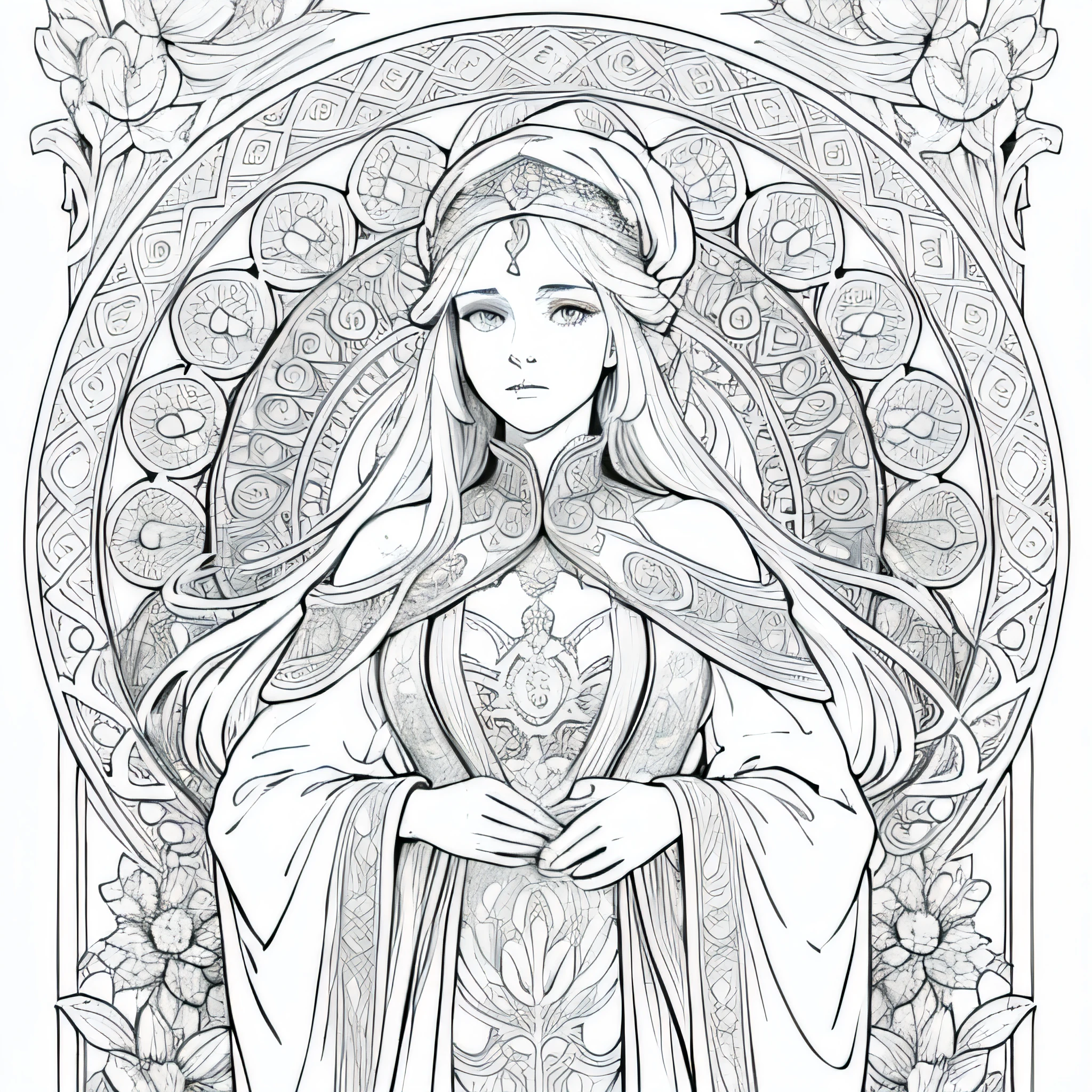 Flores e deusa, Ploynésia, Jardim, book page coloring art, fundo branco completo, Use only the outline, arte de linha, livro para colorir, Arte de linha limpa, Mandala para colorir com enfeites da natureza, arte de linha simples e limpa, coloring book page, adornado em estilo Art Nouveau, com um toque de pincel de Alfons Mucha, detalhes perfeitos, real.