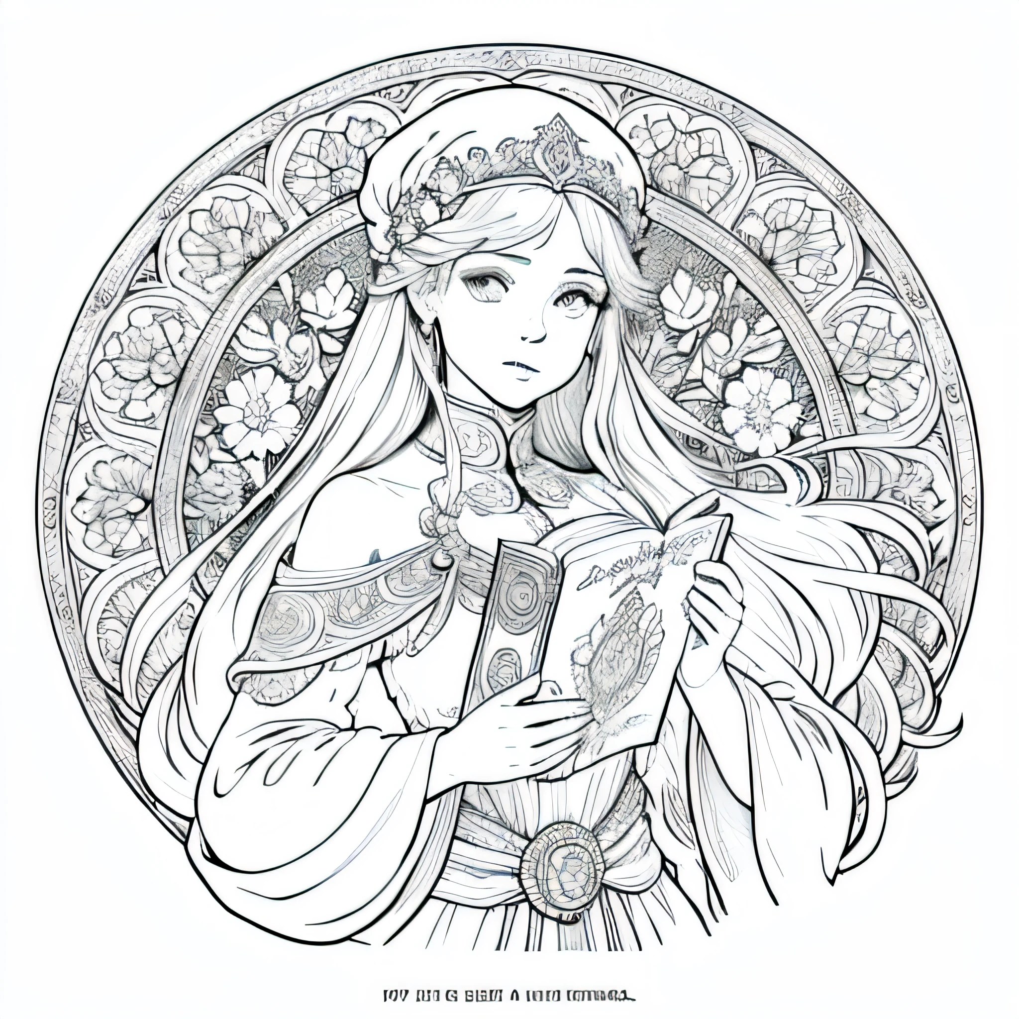 Flores e deusa, Ploynésia, Jardim, book page coloring art, fundo branco completo, Use only the outline, arte de linha, livro para colorir, Arte de linha limpa, Mandala para colorir com enfeites da natureza, arte de linha simples e limpa, coloring book page, adornado em estilo Art Nouveau, com um toque de pincel de Alfons Mucha, detalhes perfeitos, real.
