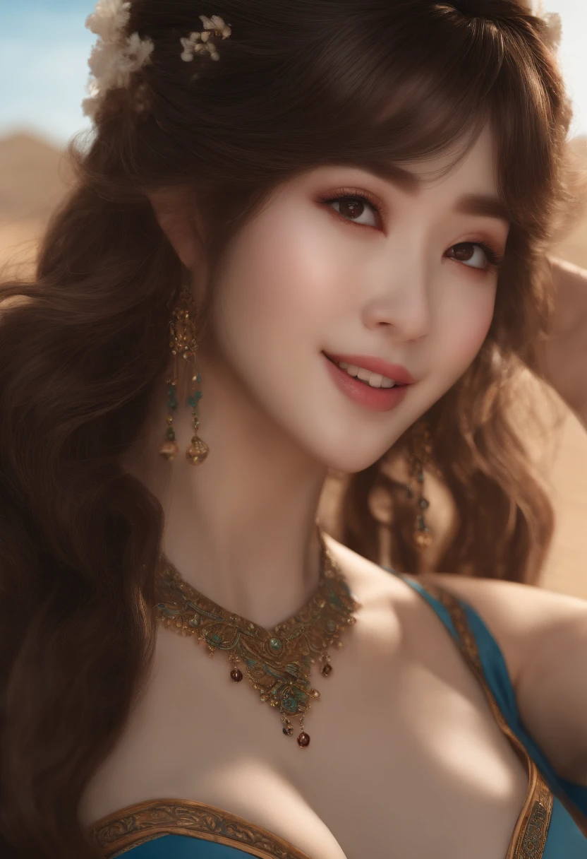 (RAW Photo, Best Quality), (Realistic, Pho to Realistic: 1.3), best quality, highly detailed, masterpiece, super detailed, 25 year old woman, Japanese, upper_body, dynamic angles, extremely detailed CG unified 8k wallpaper, ink, surprise, movie upper_body, dynamic angles, world masterpiece theater, silky long hair, highest quality, extremely detailed CG unified 8k wallpaper, ink, surprise, movie light, lens flare, Dunhuang style, detailed face, beautiful rendering of Tang Dynasty, Sony master shot, inspired by Fei Danx u inspired, brown hair and bangs, hi-res screenshot, nico video, normal hands, vibrant colors. Wearing swimsuit, smiling expression, squatting open legs