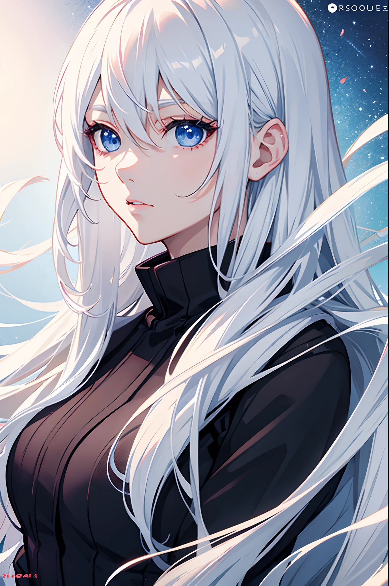 Cover magazine, anime, woman, solo, long hair, white hair, blue eyes, model, beautiful, half body potrait