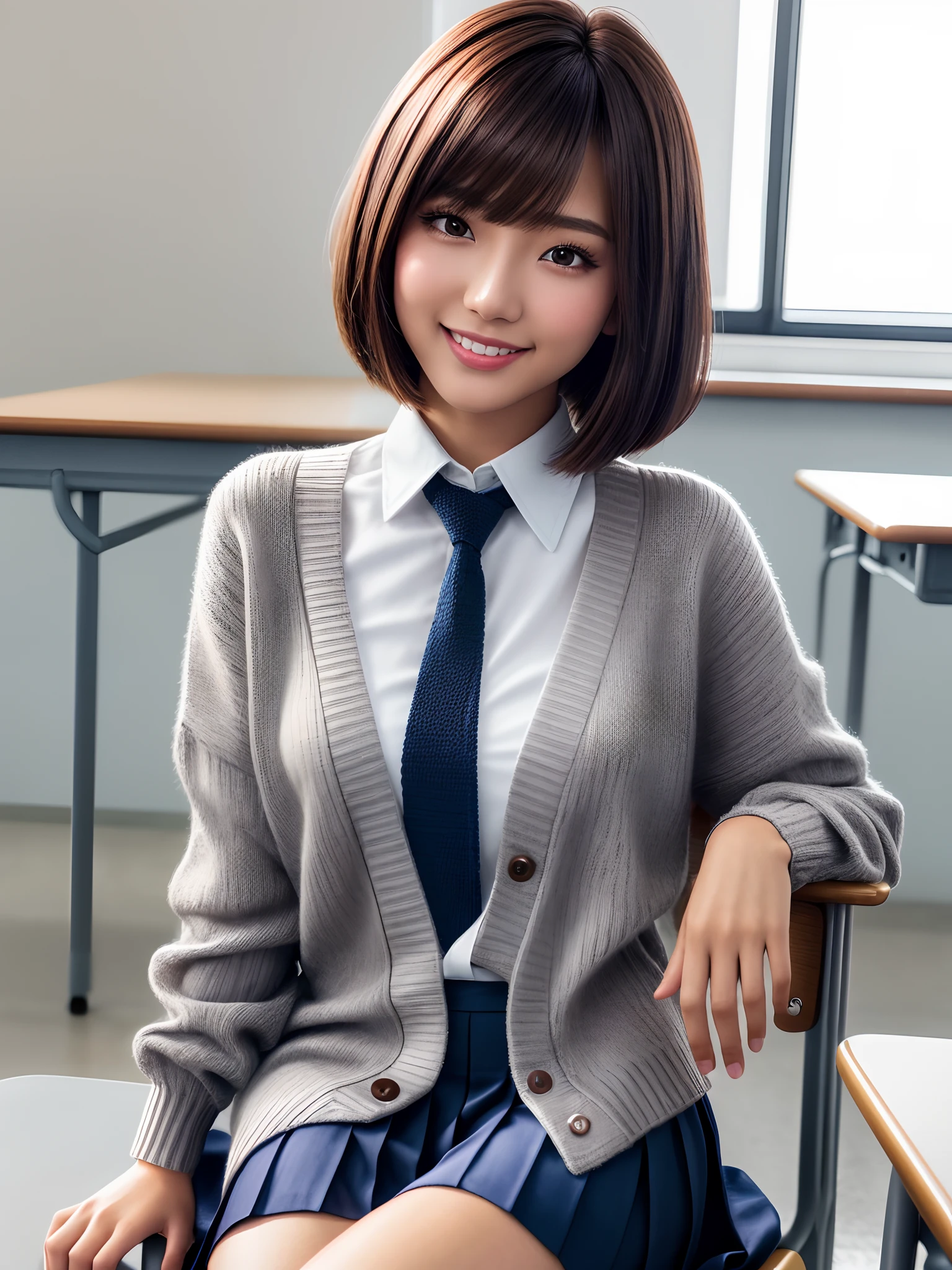 product quality, 1girl, upper body shot, front view, a Japanese young pretty woman, bob hair, sitting on a chair with a big smile in a classroom of a high school, glamorous figure, wearing a gray knitted cardigan over a white collared silky shirt with shiny satin dark blue plain long tie, wearing a dark blue pleated long skirt, hyper cute face, glossy lips, double eyelids in both eyes, natural makeup, long eyelashes, shiny smooth light brown bob hair, asymmetrical bangs, a tanned skin, central image, high resolution, high detail, detailed hairstyle, detailed face, spectacular cinematic lighting, octane rendering, vibrant, hyper realistic, perfect limbs, perfect anatomy