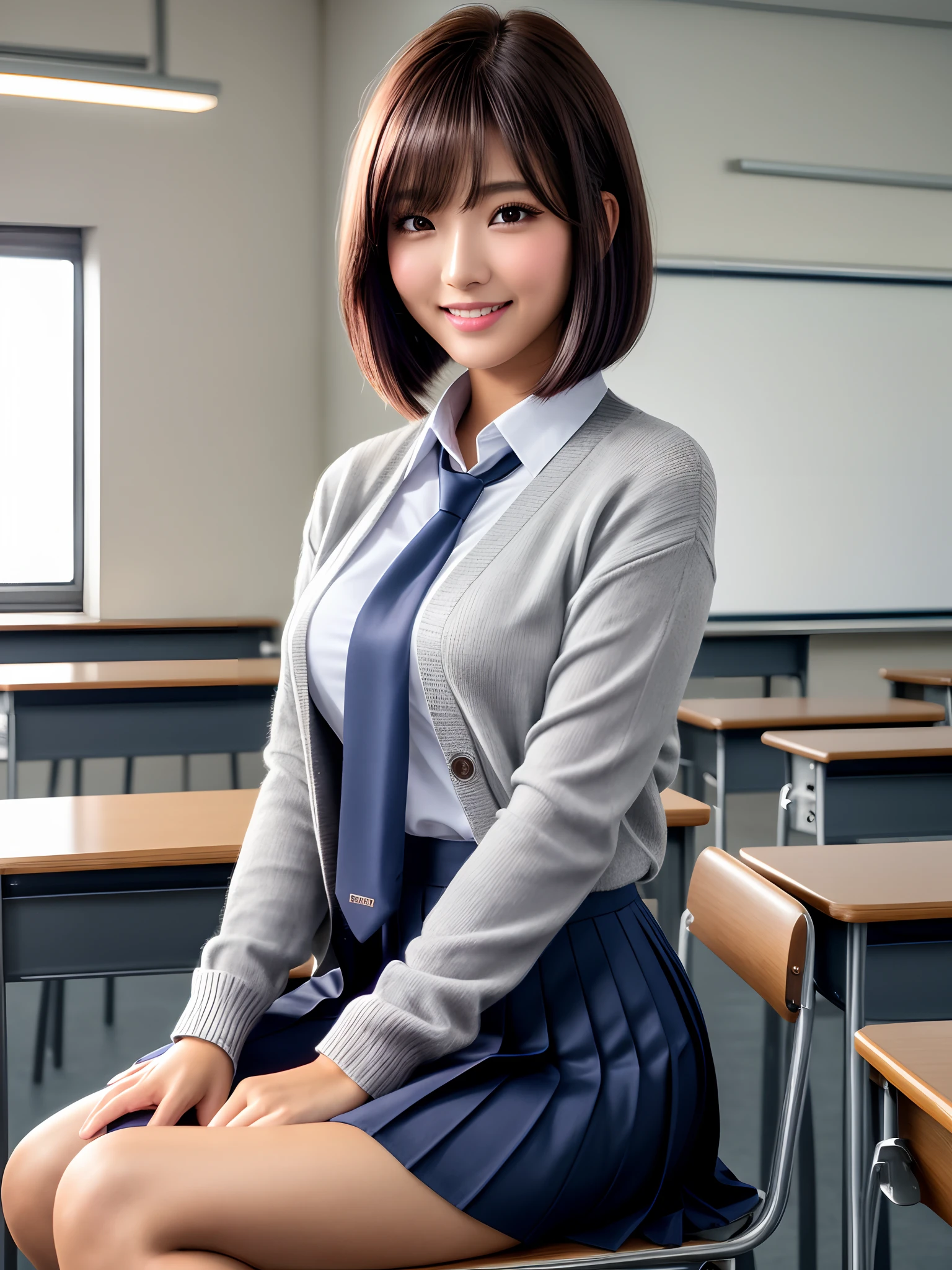 product quality, 1girl, upper body shot, front view, a Japanese young pretty woman, bob hair, sitting on a chair with a big smile in a classroom of a high school, glamorous figure, wearing a gray knitted cardigan over a white collared silky shirt with shiny satin dark blue plain long tie, wearing a dark blue pleated long skirt, hyper cute face, glossy lips, double eyelids in both eyes, natural makeup, long eyelashes, shiny smooth light brown bob hair, asymmetrical bangs, a tanned skin, central image, high resolution, high detail, detailed hairstyle, detailed face, spectacular cinematic lighting, octane rendering, vibrant, hyper realistic, perfect limbs, perfect anatomy