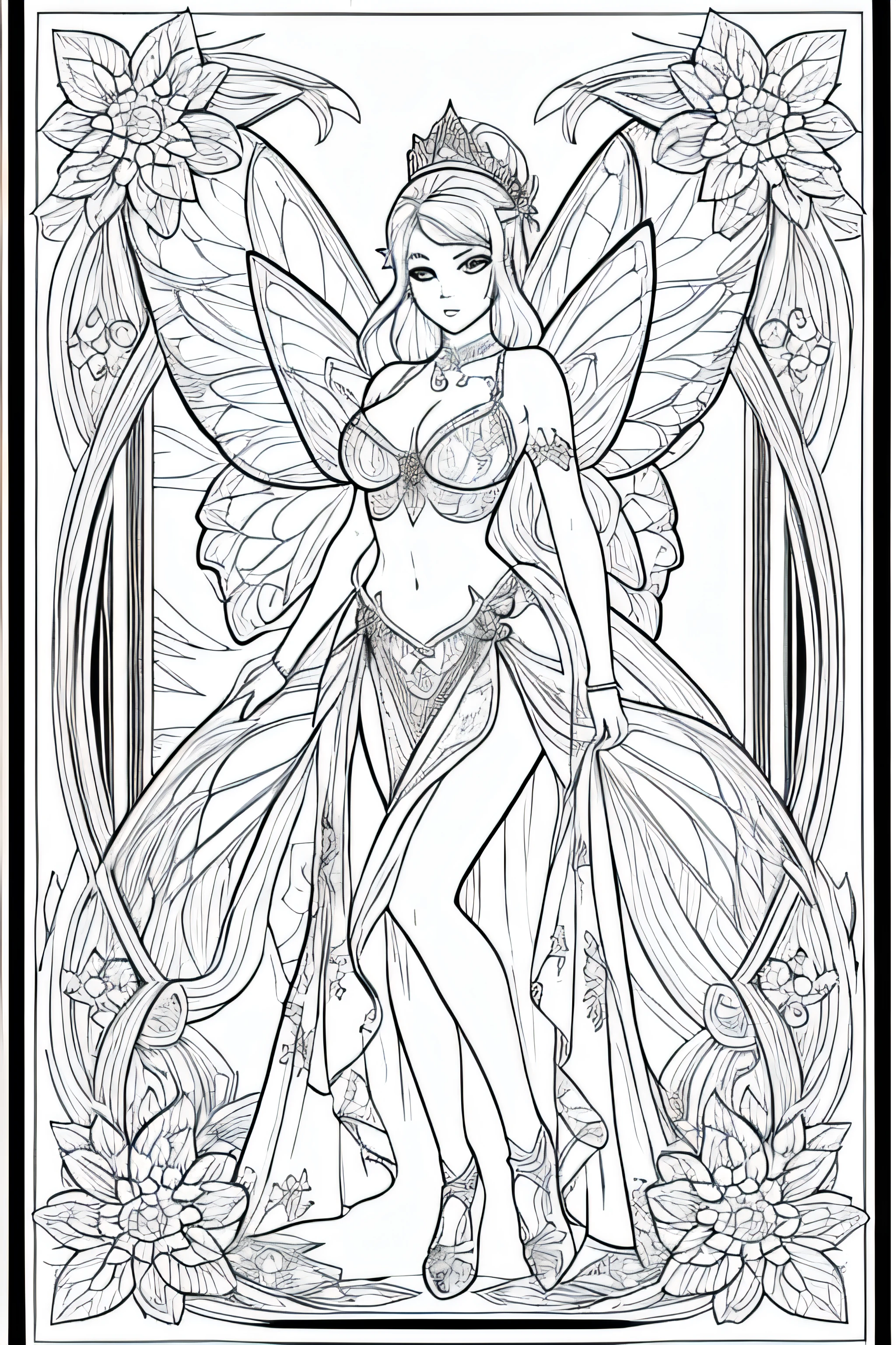 A printable black and white adult coloring page featuring a sexy fairy, Arte de linha limpa