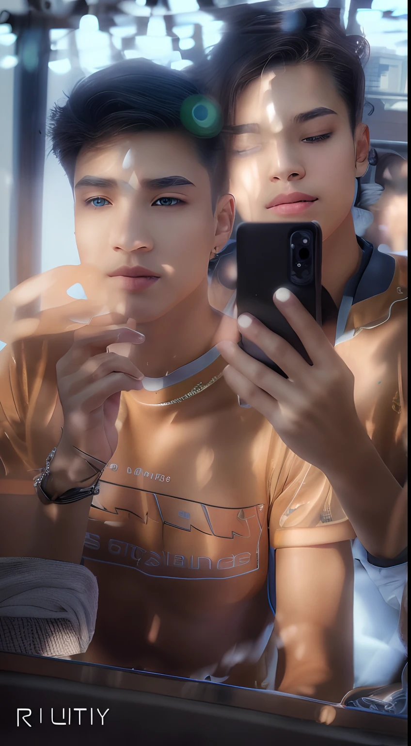 there are two men taking a selfie in a mirror, with accurate face, photograpgy, selfie photography, selfie, selfie photo, shot on nikon z9, candid photography, taken with sony alpha 9, with lovely look, symmetric!!, , very accurate photo, cute boys (RAW, analogue, Nikon Z 14mm ultra-wide angle lens, award-winning glamour photograph, ((best quality)), ((masterpiece)), ((realistic)), skin pores, subsurface scattering, radiant light rays, high-res, detailed facial features, high detail, sharp focus, smooth, aesthetic, extremely detailed, (extremely detailed eyes, extremely detailed iris), extremely detailed hair, extremely detailed skin, extremely detailed clothes, octane render, photorealistic, realistic, post-processing, max detail, realistic shadows, roughness, natural skin texture, real life, ultra-realistic, photorealism, photography, 8k UHD, photography, hdr, intricate, elegant, highly detailed, sharp focus, stunning, beautiful, gorgeous), (masterpiece:1.2, best quality1:1, ultra-detailed:1.2, best shadow, 8k:1.1), (massive city:1.3, rooftop:1.1, city structures below, handrails), (contrasting background, bright background), (beautiful detailed face), high contrast, (perfect illumination:1.2, beautiful color, delicate color), ((cinematic light)), colorful, hyper detail, dramatic light, intricate details,.wavy hair:1., blue eye Real face'