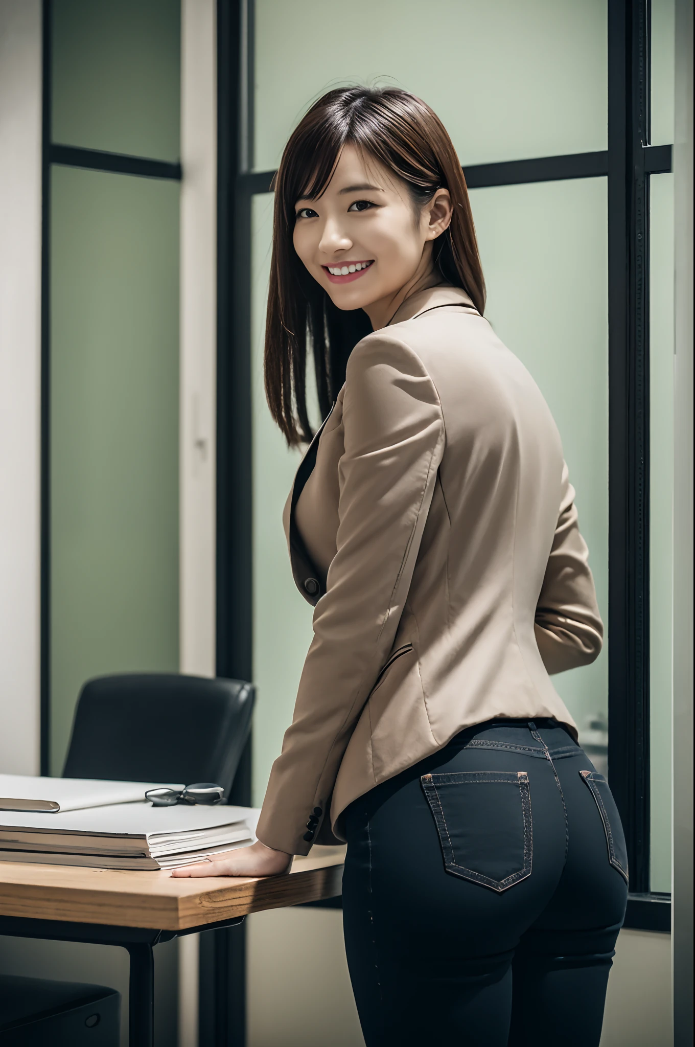 masutepiece, Best Quality, 超A high resolution,(photographrealistic:1.4) (depth of fields),(Lens Glow) , jaket:1.5、Dark office room:1.5、a Pretty Japanese woman:1.5、officeworker、Sexy buttocks:1.5、to stand:1.5、smil、Tight pants:1.5