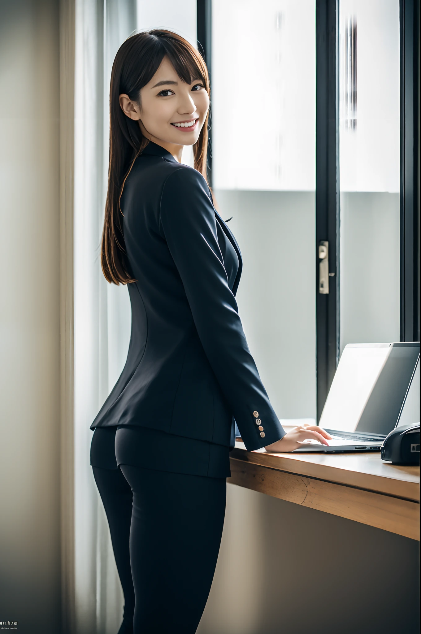 masutepiece, Best Quality, 超A high resolution,(photographrealistic:1.4) (depth of fields),(Lens Glow) , jaket:1.5、Dark office room:1.5、a Pretty Japanese woman:1.5、officeworker、Sexy buttocks:1.5、to stand:1.5、smil、Tight pants:1.5